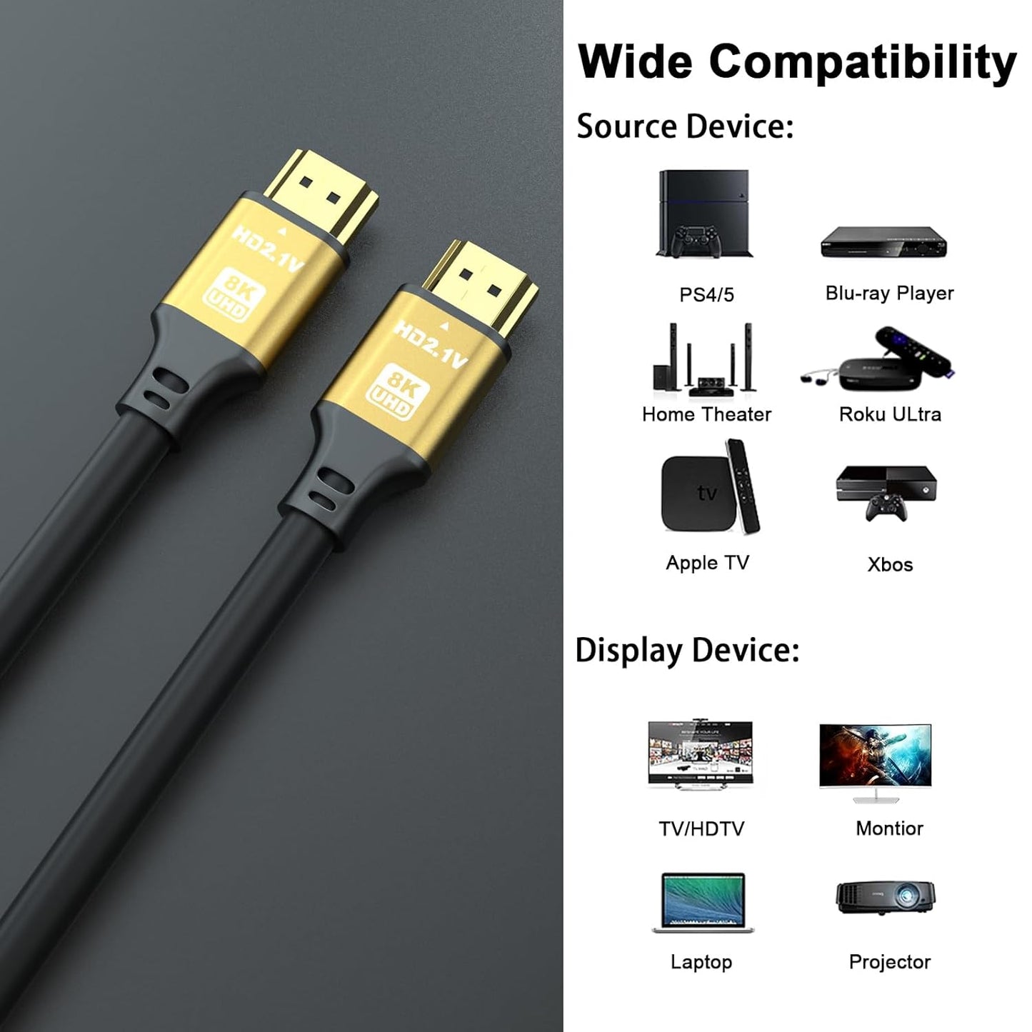 3.3FT, 8K@60Hz 4K@120Hz, 48 2.1 PS5, Short Hdmi Cable Gbps Ultra High Speed Hdmi cord with Gold-plated Connectors