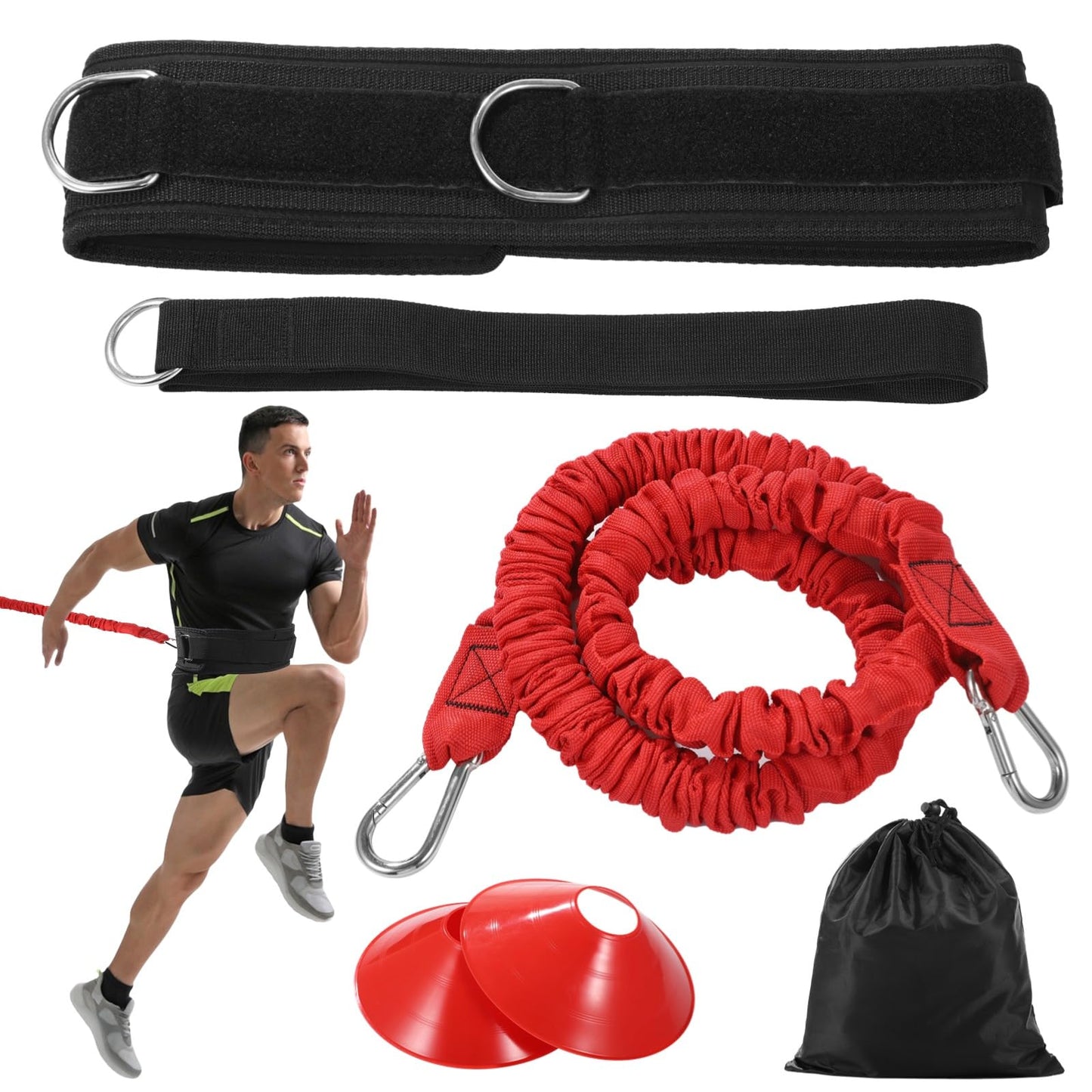 Speed Training Equipment Set, Resistance Bungee Band Multi Sport Exercise Set With Resistance Bungee Band, Waist Belt, Training Cones, and Fixing Band, Improving Speed, Stamina and Strength (A)