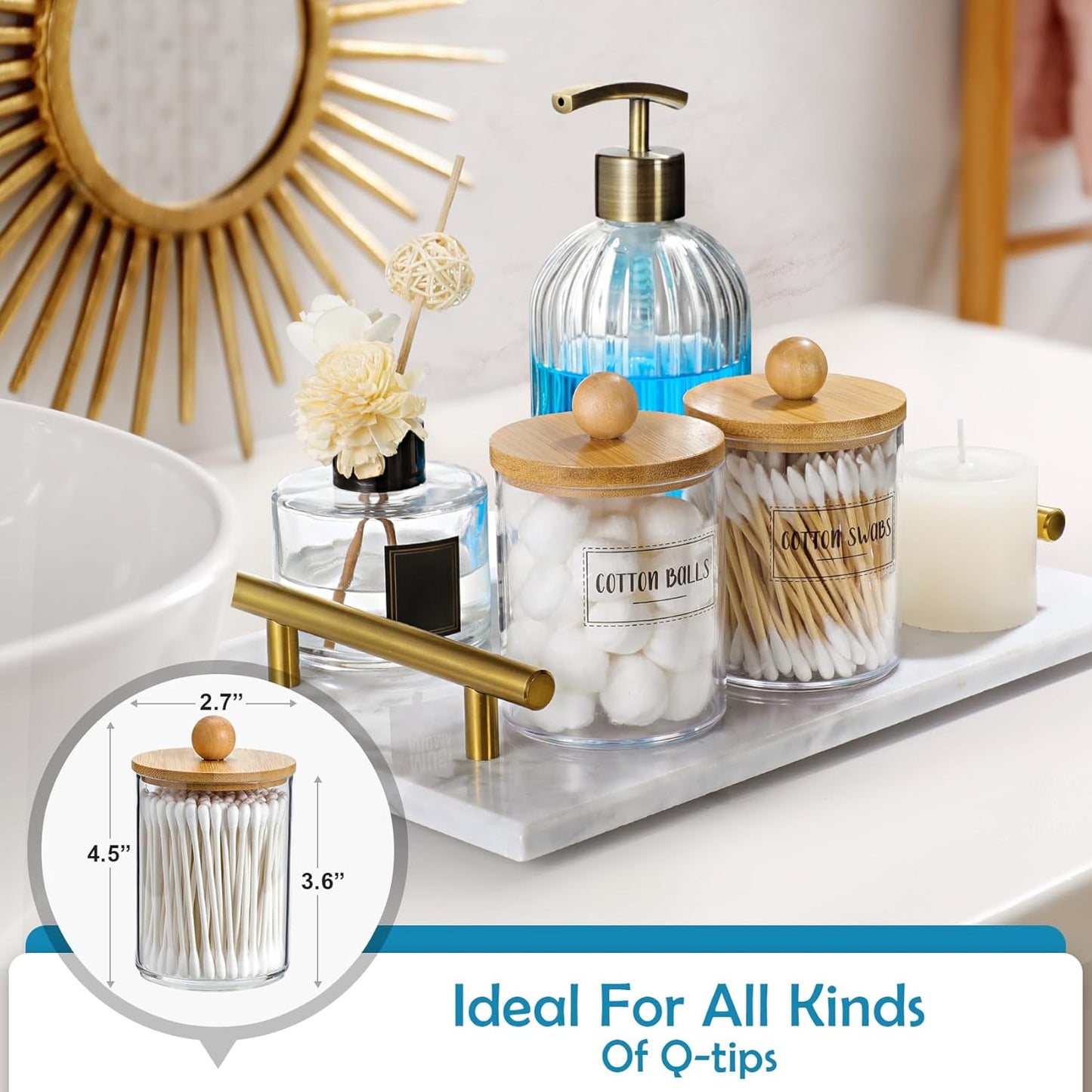 Qtip Holder Dispenser by [Brand Name] - 10 oz Clear Plastic Apothecary Jar with Bamboo Lids | Stylish Vanity Organizer for Cotton Swabs and Pads