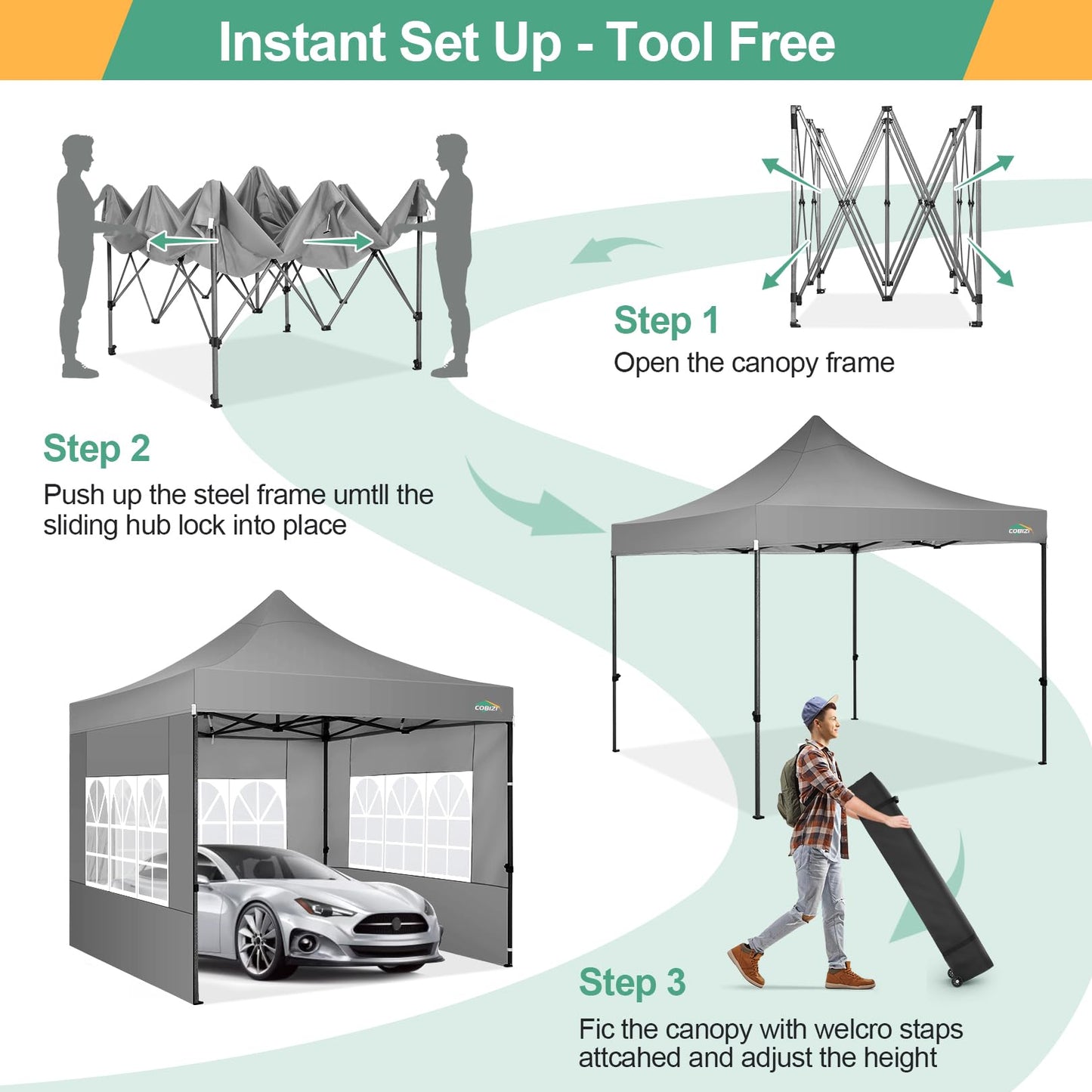COBIZI 10x10 Pop Up Canopy Tent with 4 sidewalls Commercial Heavy Duty Canopy UPF 50+ All Weather Waterproof Outdoor Canopy Wedding Tents for Parties Gazebo with Roller Bag, Grey (Windproof Upgraded)