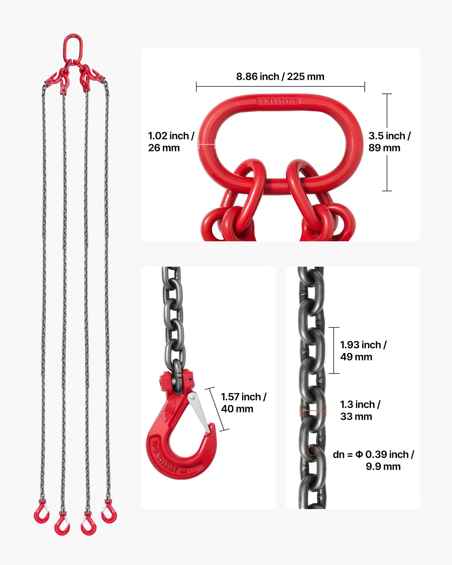 VEVOR Chain Sling, 3/8 in x 10 ft Lifting Chains with 4 Leg Grab Hooks, Heavy Duty G80 Alloy Steel Lifting Sling, 22900LBS Capacity, Adjustable Engine Chain Hoist Lifts for Cargo Security Towing
