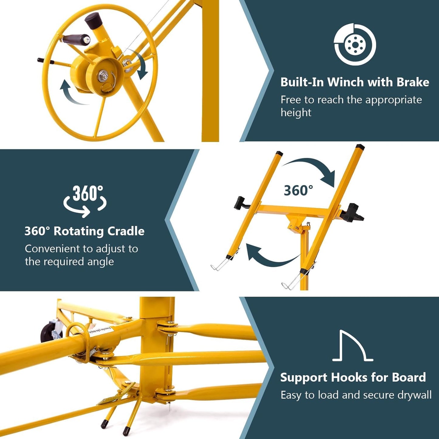 Rovibek 11FT Drywall Lift, Drywall Jack Lift for Ceiling, 360° Adjustable Drywall Panel Hoist, 150LBS Heavy Duty Drywall Lifter, Foldable Sheetrock Lift, Drywall Lift for Home Improvement (Yellow)