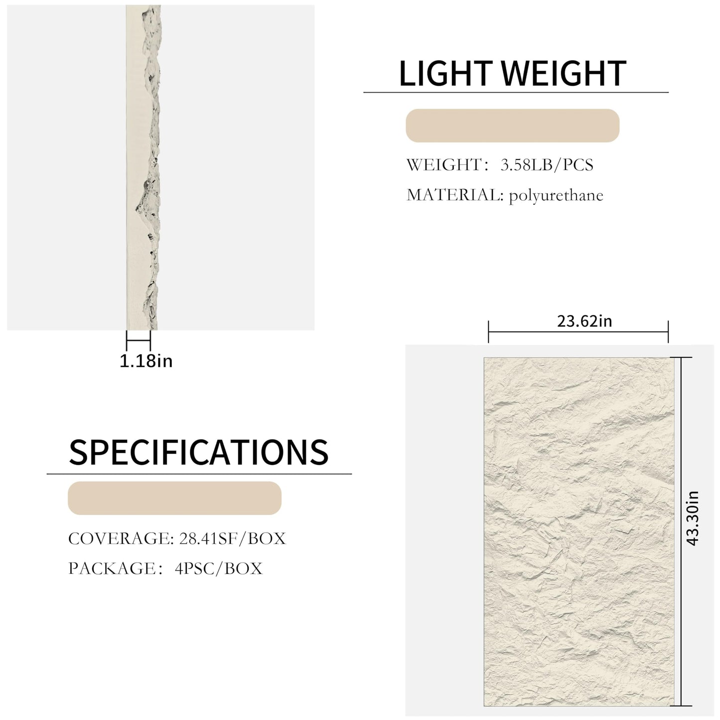 ARTSLAT 4-Pack 3D PU Stone Wall Panels for Interior Decor - Marble White, 43.30"x23.62"x0.47" | Faux Stone Accent Wall Tiles, Lightweight & Waterproof