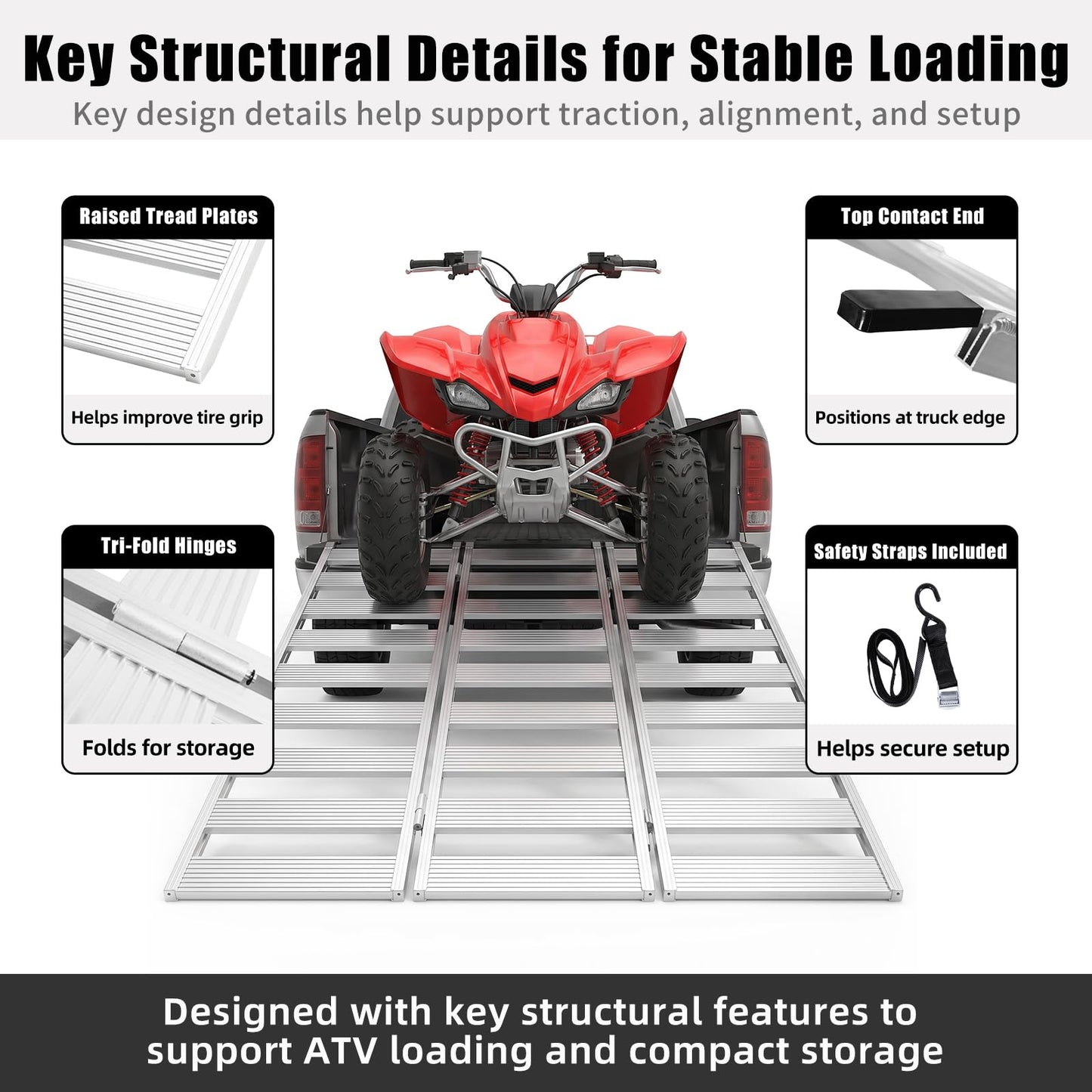 MAXIVAMN Aluminum Tri-Fold ATV Loading Ramp, 76" x 50" Wide Platform, 1500 lb Capacity with Safety Straps for Lawn Mower, Snow Blower, Motorcycle, Pickup Truck