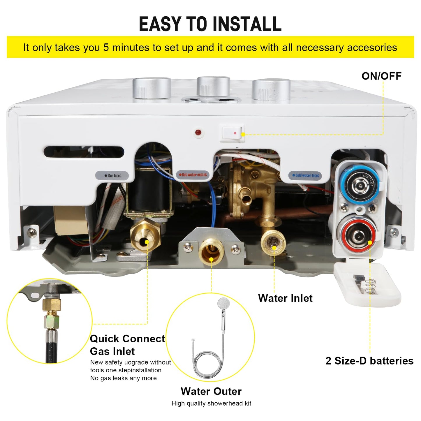 Tankless Water Heater Propane 4.74GPM 18L Outdoor Portable GasHot Water Heater Instant Propane Water Heater with Digital Display Multi-Protection for Camping Trips Boat