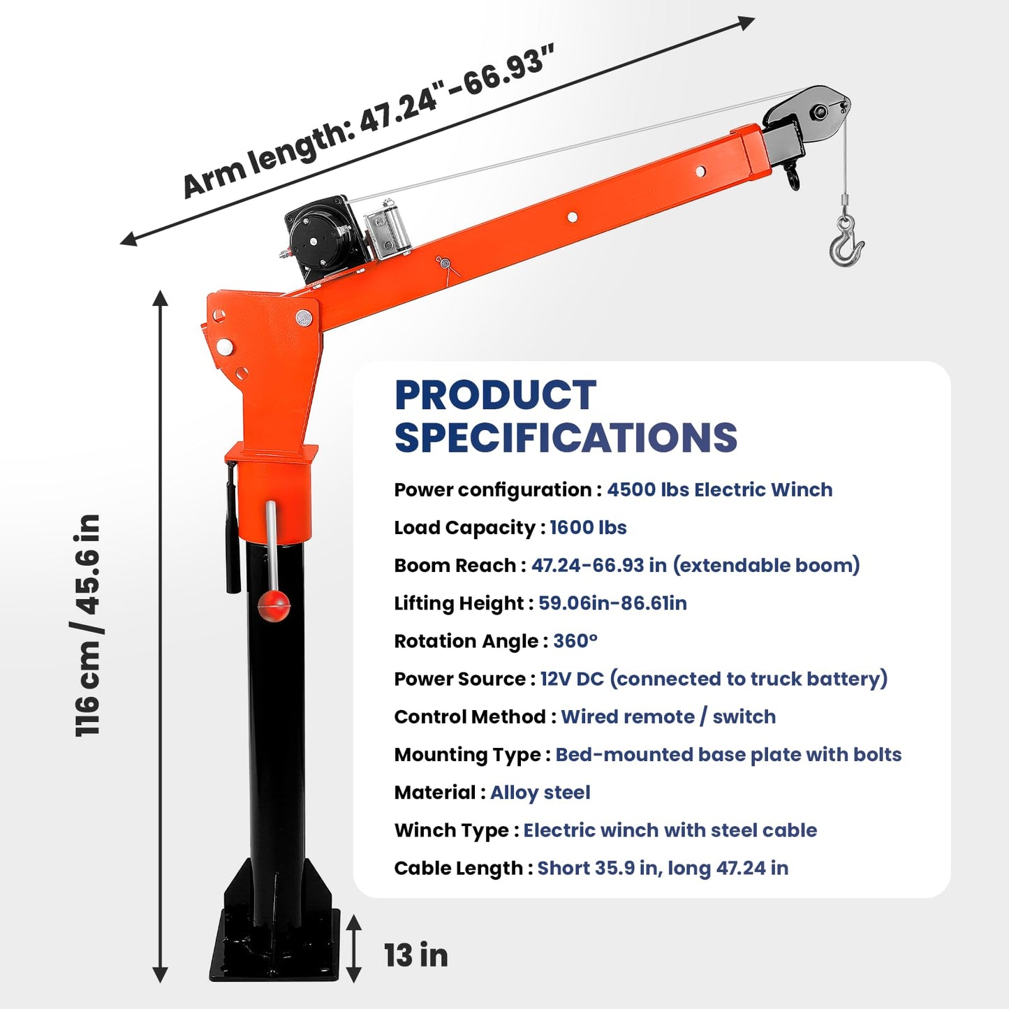 2500 lbs Dismountable Household Hoist Truck Crane | 5000 lbs Electric Winch | Foldable Truck-Mounted Bed Crane | 360° Swivel Jib Crane for Construction (1600 lbs with Electric Winch 4500 lbs)