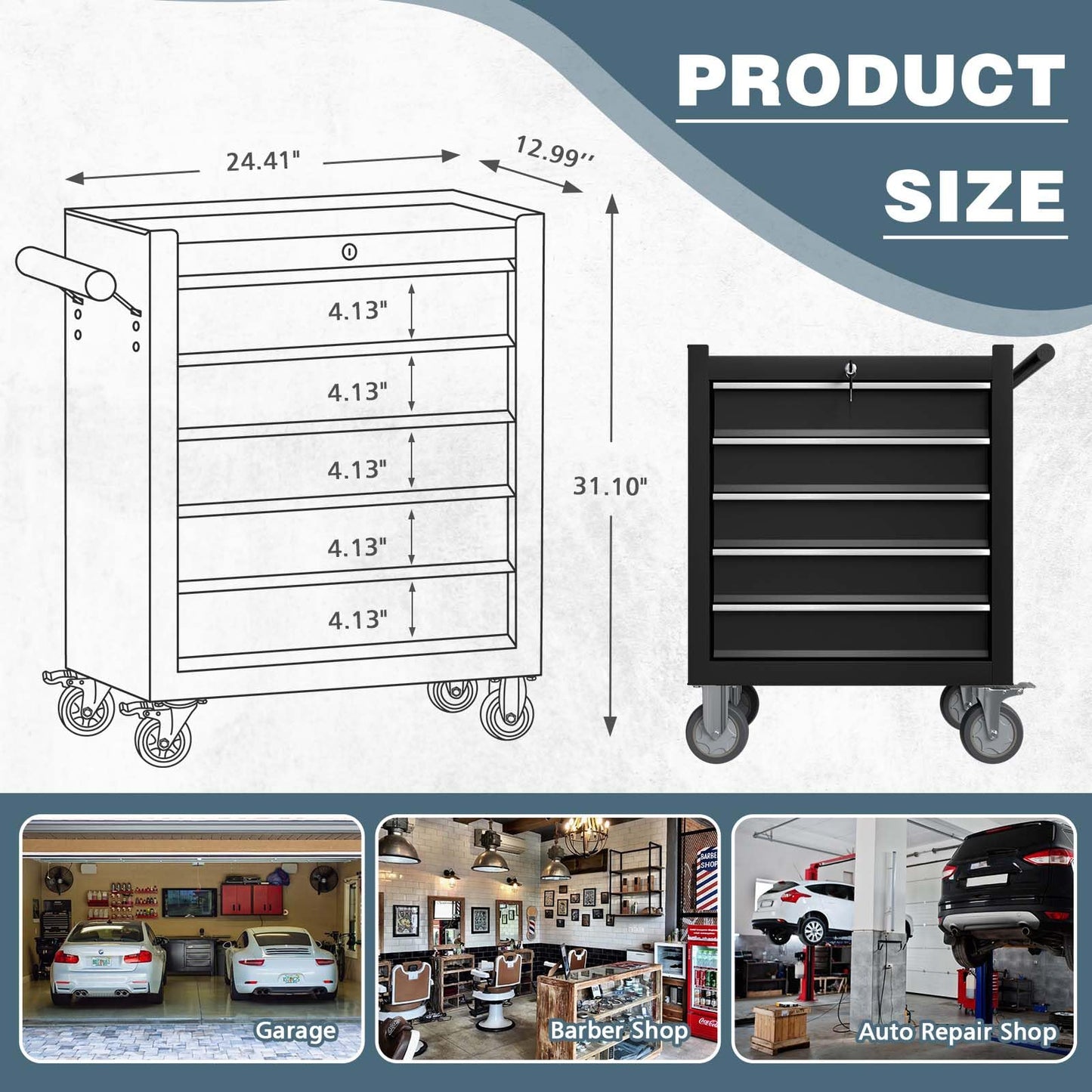 Yaciente 5-Drawer Tool Chest, Rolling Tool Box with Wheels, High Capacity Detachable Mobile Tool Storage Cabinet for Workshop, Garage, Mechanics and Repair Room (Black, 5-Drawer)