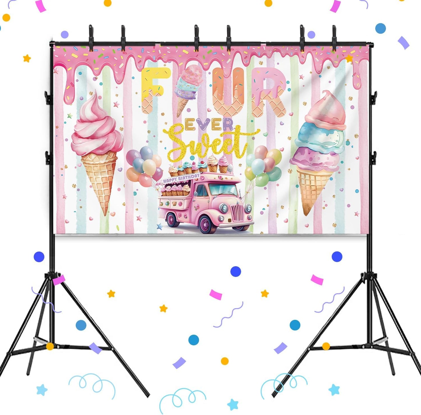 xuanflyF 4th 4th Ice Cream Birthday Party Decoration, Ice Cream Birthday Backdrop Banner, Four Ever Sweet Birthday