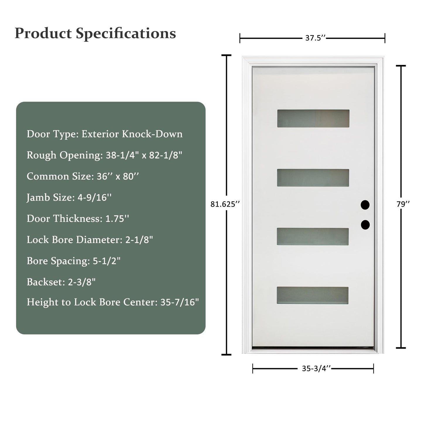 Fiberglass Exterior Front Door 36x80in, Left-Hand Inswing 4-Lite Frosted Glass White Primed Knock-Down French Entry Door with Vinyl Frame and Brickmould