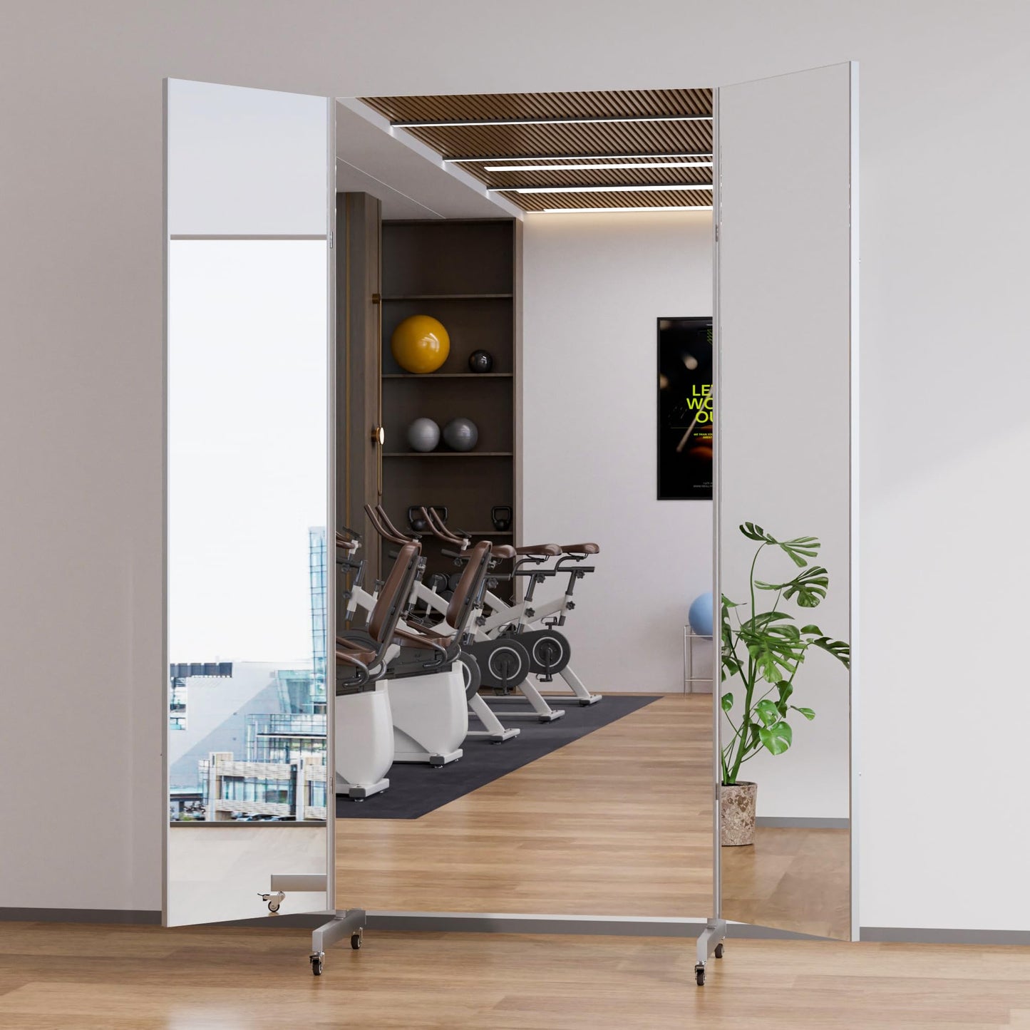 Full Length Stand Up Mirror on Wheels,63''×67'',Large Tri-Fold Floor Mirror with Stand,Movable 3-Way Full Length Standing Mirror for Gym, Dance Studio, Fitness Room, and Home (Silver)