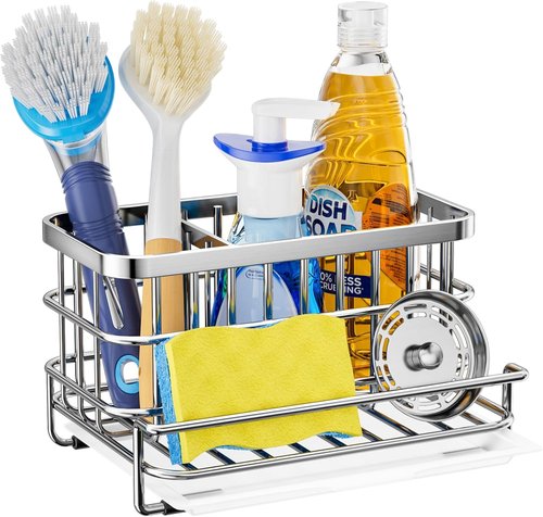 HapiRm Kitchen Sink Organizer - Rustproof SUS304 Stainless Steel Caddy with Sponge Holder | Large Silver Design