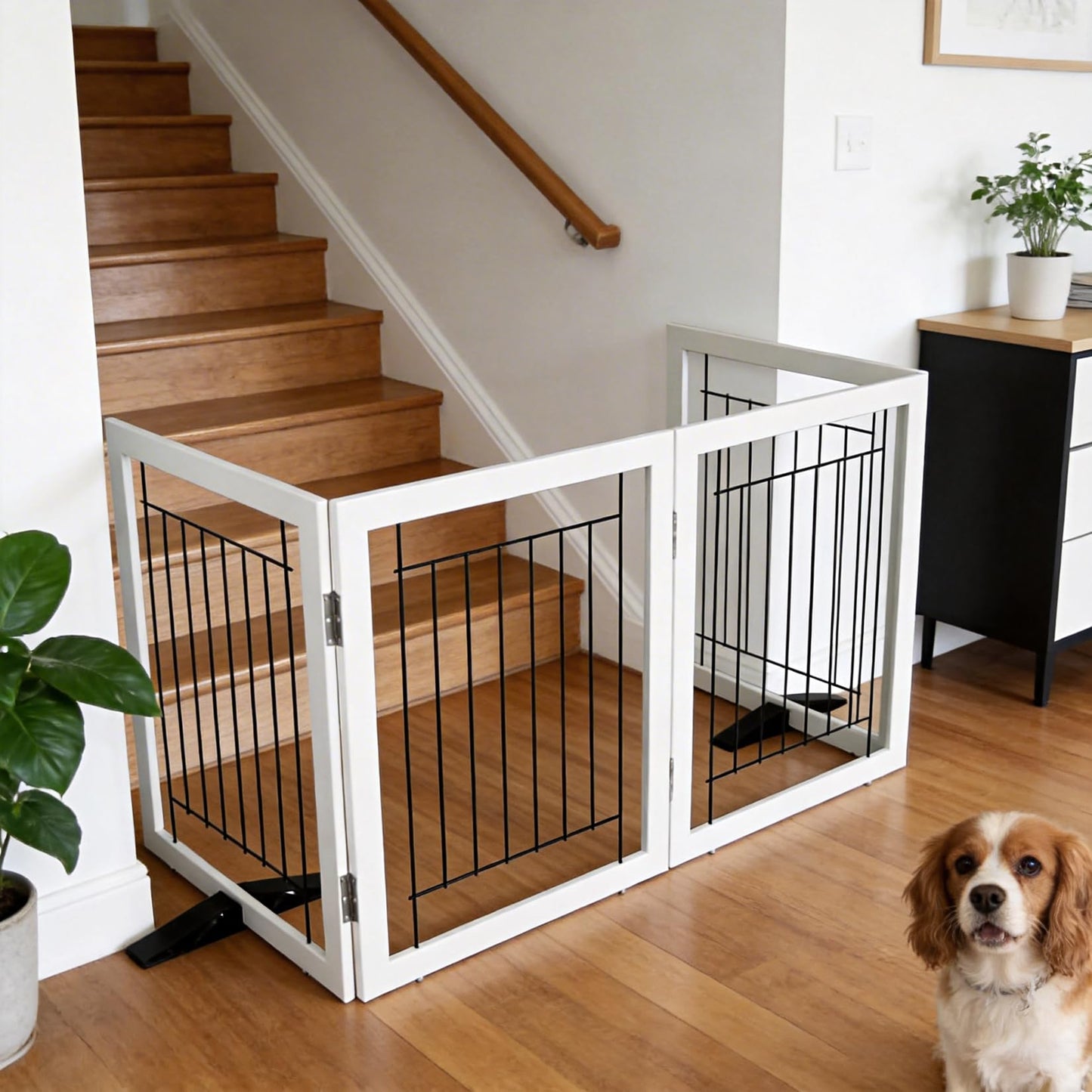 ZJSF Freestanding Dog Gate Indoor, Foldable Dog Fence for Doorways,Hallways or Stairs, Sturdy Wood Extra Wide Pet Gate with Support Feet,White,24 "Height-4 Panels