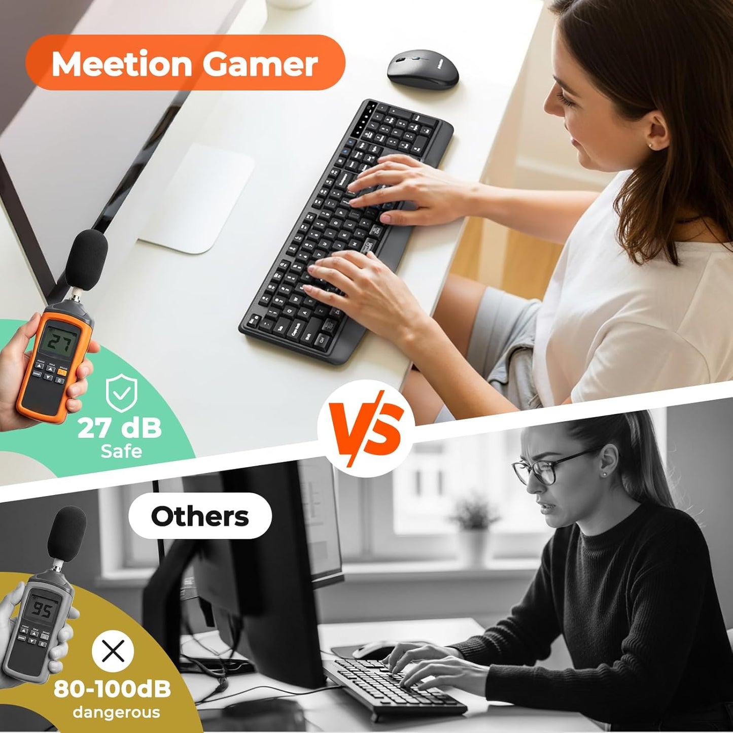 Meetion Gamer 2.4G/Bluetooth 3800 Set Wireless Keyboard and Mouse Combo, Silent Full-Size Cordless Keyboard Mouse