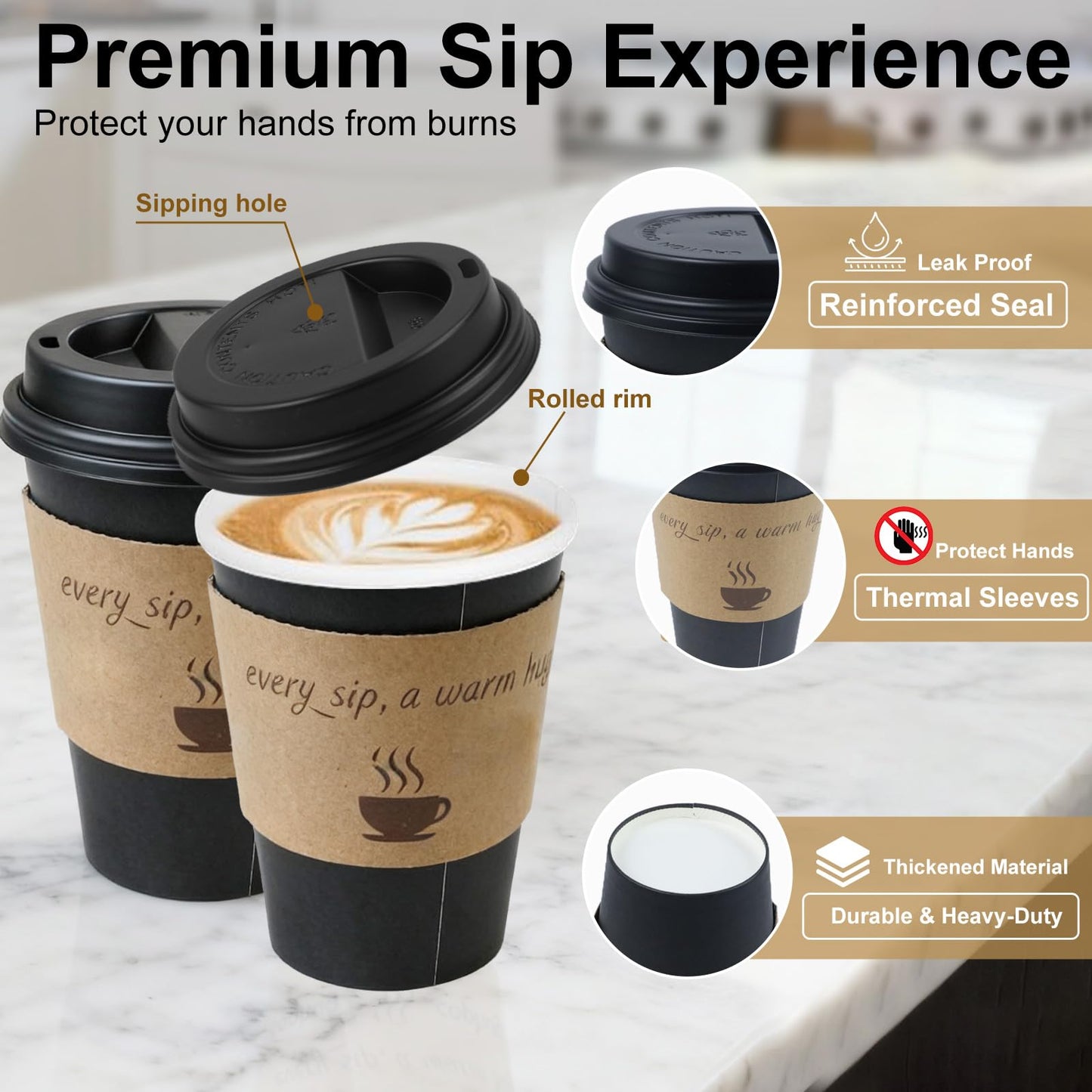 cuphug 12 oz Disposable Coffee Cups with Lids, Sleeves and Straws 100Pack, Thickened Leak-Proof Insulated Paper Cups for Hot Drinks, Home, Office, Cafe, Party