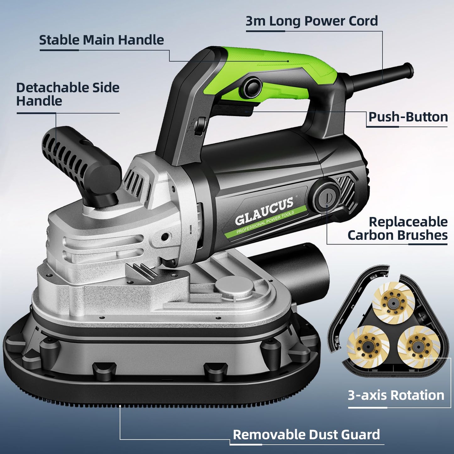 GLAUCUS 4" 3-Head Concrete Grinder, 2450W Concrete Floor Grinder with Bristle Dust Shroud & Vacuum, 6-Speed Diamond Grinding Machine for Concrete, Marble, Granite, Cement Floor Wall Polishing
