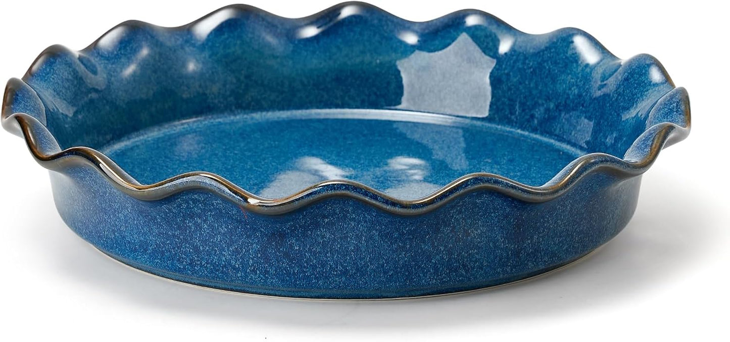 SIDUCAL Ceramic Pie Pan - Reusable Non-Stick Baking Dish with Ruffled Edge | Deep 10.5-Inch Active Blue