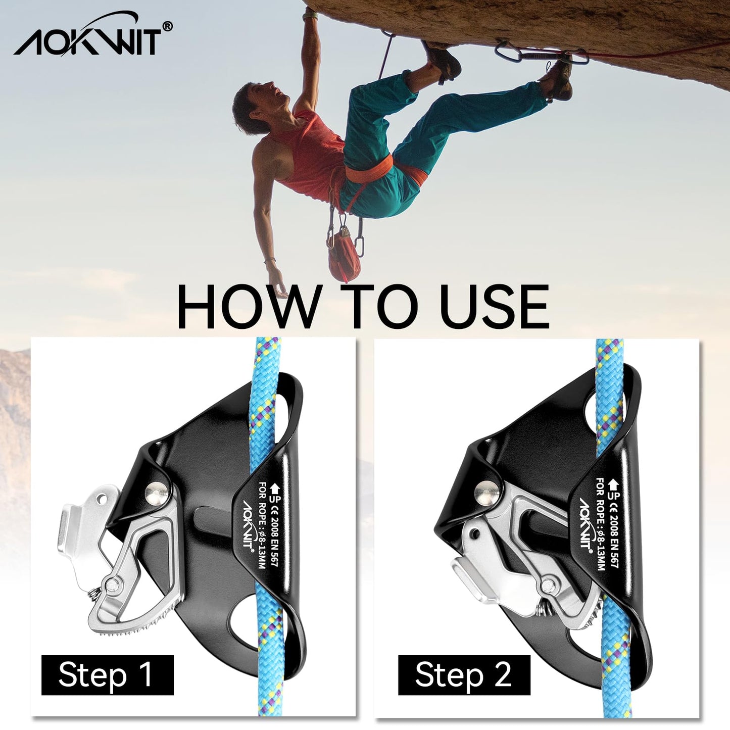 Chest Ascender Tree Climbing Gear Rope Grab High Strength Aluminum Alloy Rappelling Equipment CE Certified for Rock Climbing Rescue Aerial Work Mountaineering Caving Arborist Work 8-13mm Ropes (Black)