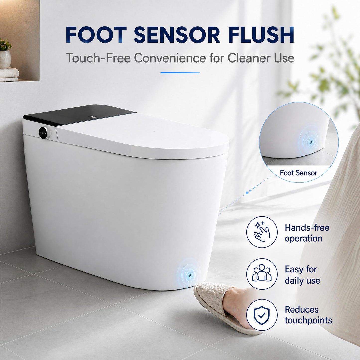 One Piece Toilet with Tankless Design, Modern Elongated Toilet, Foot Sensor Flush, Soft Close Seat, 18" Comfort Height Toilet for Bathrooms, 12" Rough-in,1.28 GPF-Standard White Bowl