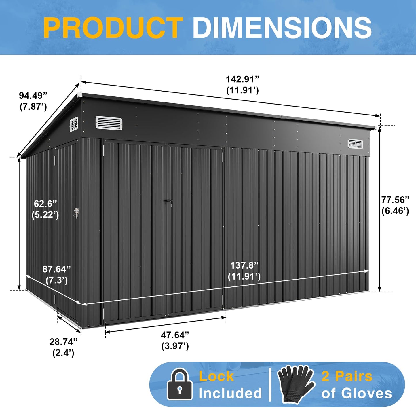Breezestival 8'x12' Outdoor Shed Lean to Storage Sheds with Triple Doors Utility Galvanized Steel Sheds for Vertical Storage, Dual Lock Metal Shed with Sloped Roof for Mower,Bike,Garden Tools (Black)
