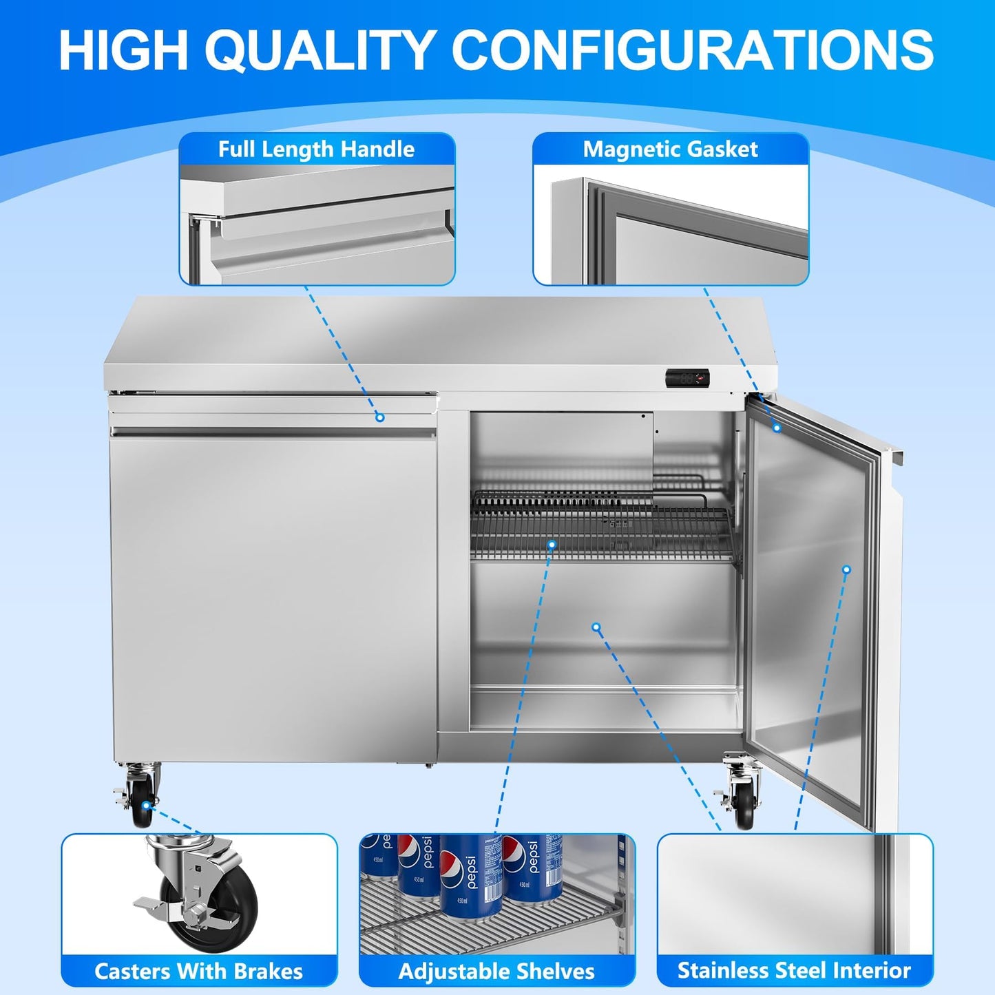 Rockitch 48" W Commercial Undercounter Refrigerator, 11.1 Cu.ft Stainless Steel Worktop Refrigerator, 2 Doors Fan Cooling Kitchen Fridge with Adjustable Shelves for Restaurant Food Prep, ETL Approved