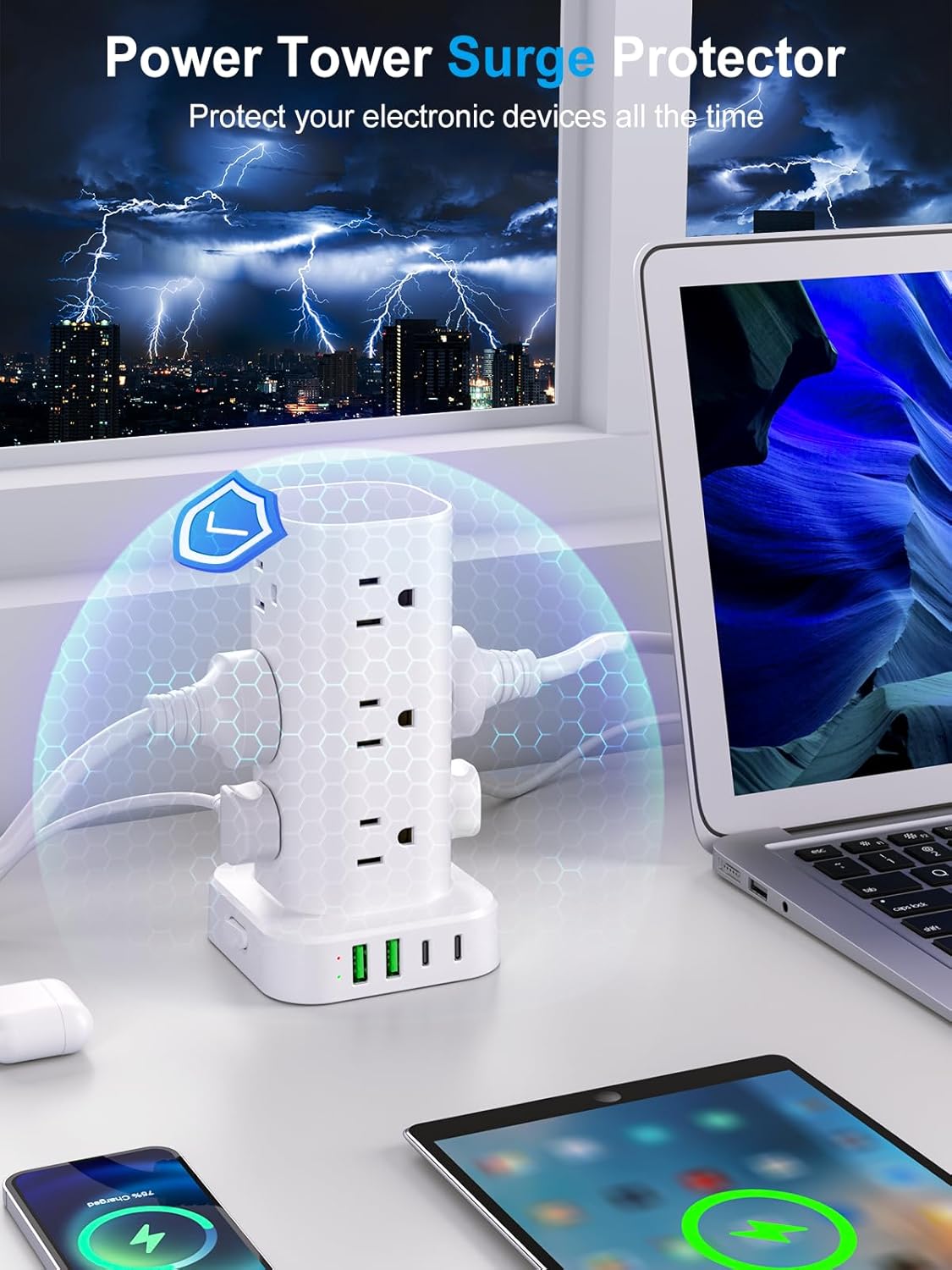 UWIWUTEI 12 4 (2 6FT Power Strip Tower with Multiple Outlets, Flat Plug Surge Protector Tower Extension Cord with AC