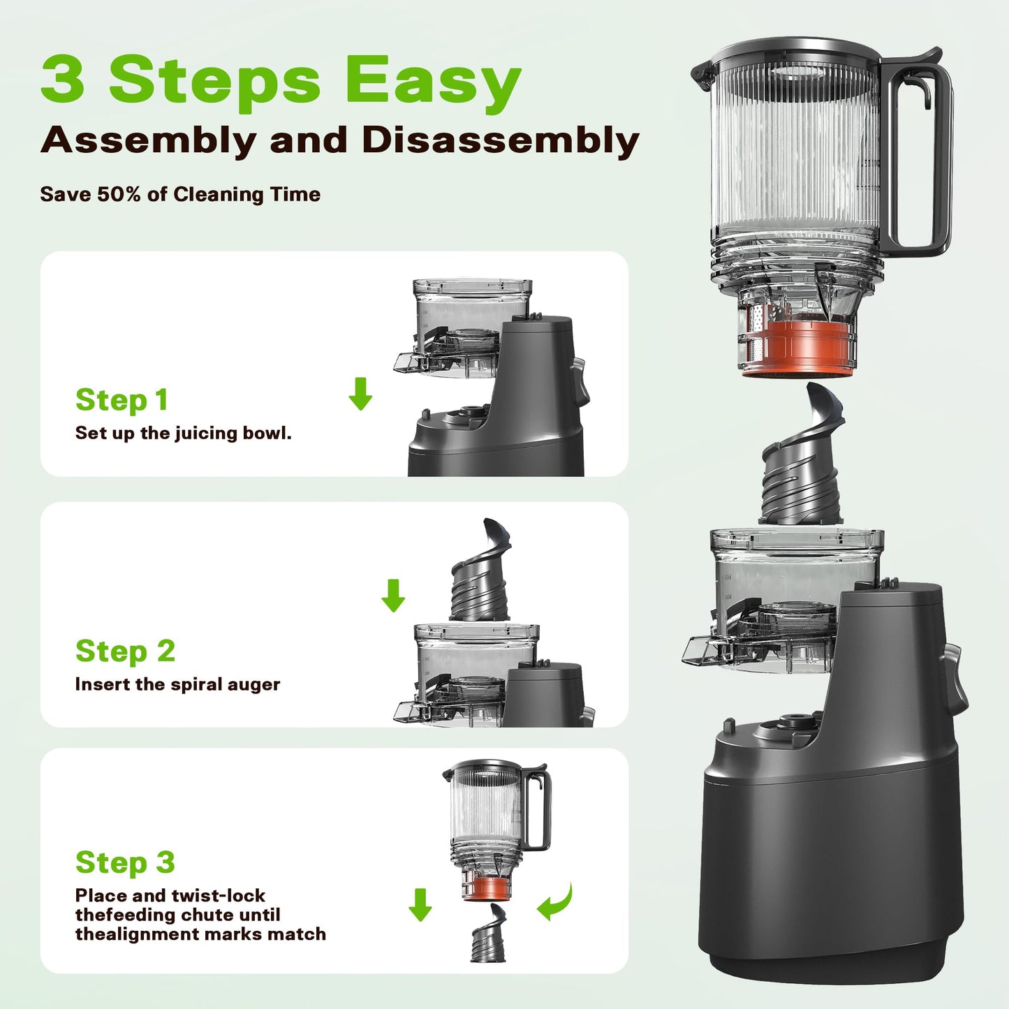 Cold Press Juicer Machine with 5.3" Wide Feed Chute, Slow Masticating Juicer for Whole Fruits & Vegetables, High Juice Yield, Black