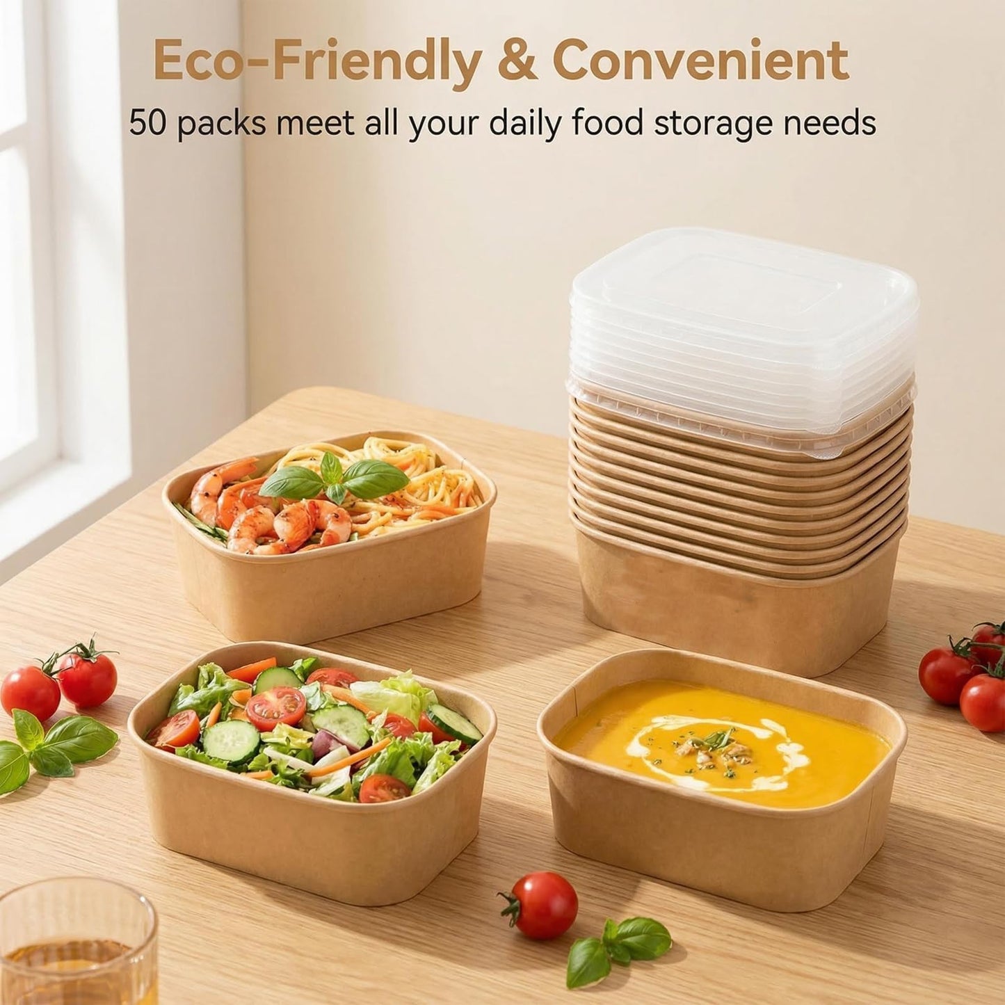 Peseojiar 50 Pack Disposable Meal Prep Containers, 25oz Disposable Large Paper Bowls with Lids and Forks for Salad, Noodles, Freezer and Microwavable Storage Use Cardboard Food Containers
