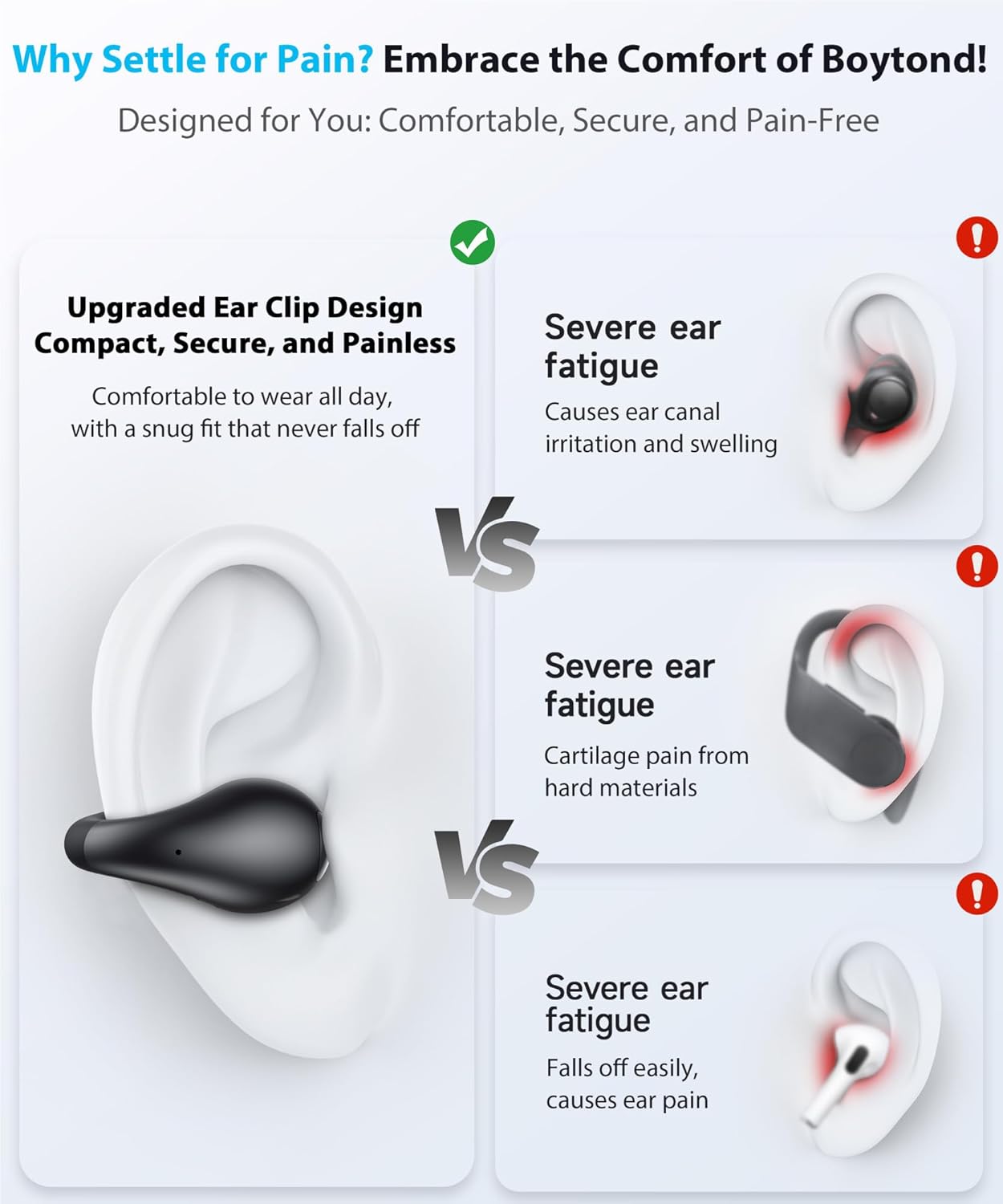 Boytond Ultra Open Ear Earbuds - Comfortable Clip-On Bone Conduction Earbuds, Over-The-Ear Open Headphones