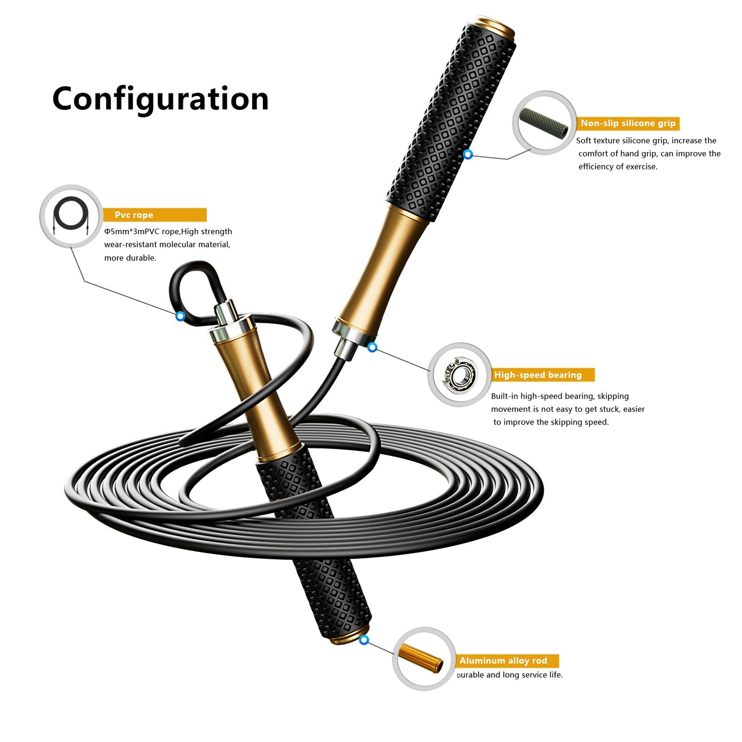 MOGOLD Jumping Rope For Men Women Kids - Alloy Handle Core Covered Silicone Grip With Ball Bearing- Adjustable 10ft long Skipping Rope - Good For Workout Fitness Weight loss (Black)