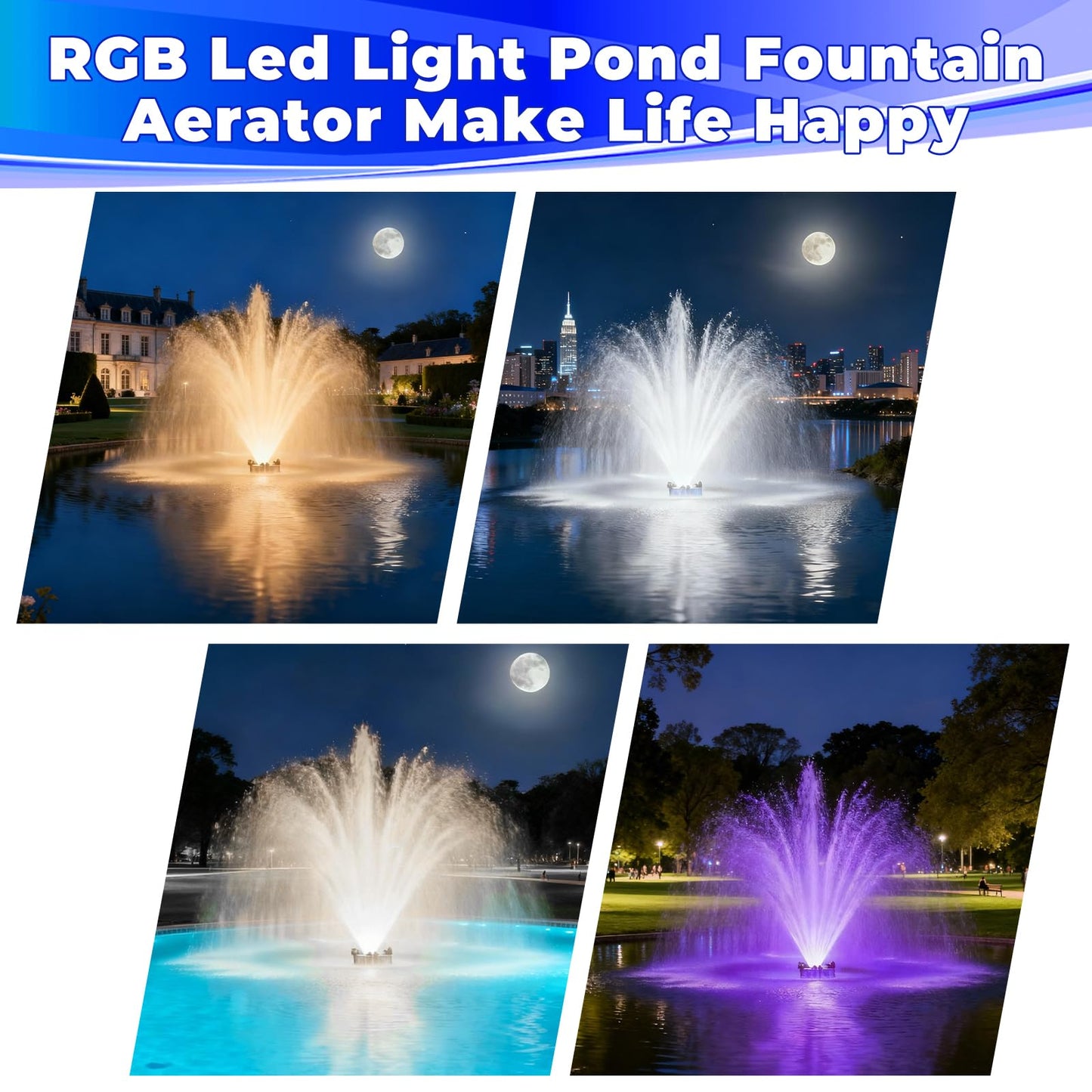 Pond Fountain Aerator with Led Lights RGB-15000 GPH,110V 1HP 750W Floating Fountain Aeration for Large Ponds,Aerating Fountain Pump for Outdoor Ponds & Lakes with 15A/100FT Power Cord