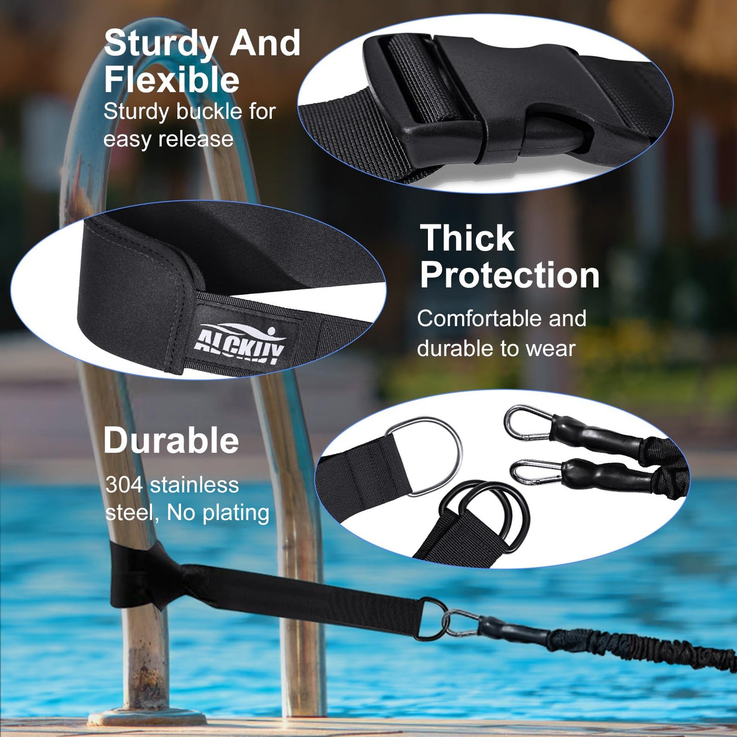 Swimming Training Belt 8-25FT Adjustable Swimming Resistance Belt, Stationary Harness for Any Pool Without Counter Current System (Black)