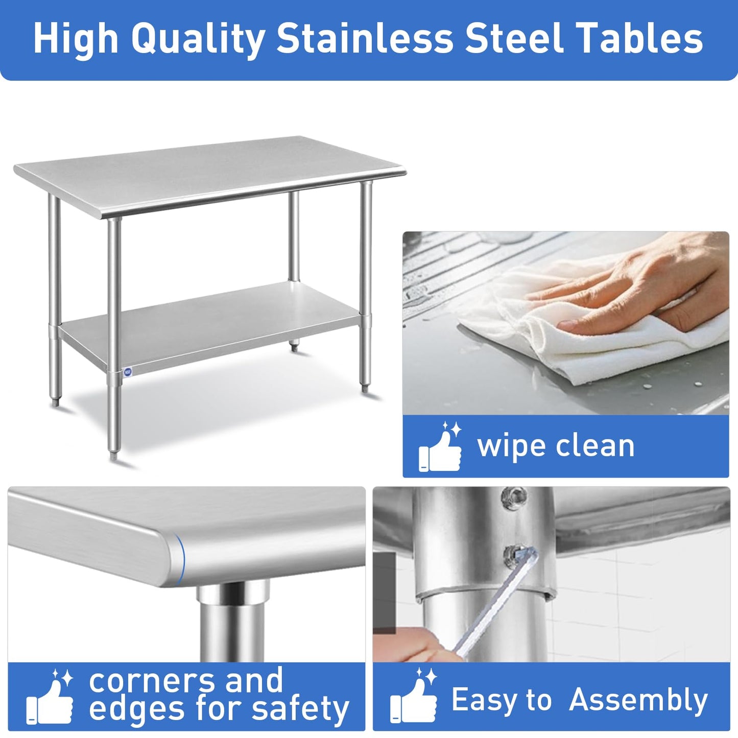 ROCKPOINT Stainless Steel Table for Prep & Work 24x60 Inches, NSF Metal Commercial Kitchen Heavy Duty Table with Adjustable Under Shelf and Table Foot for Restaurant, Home and Hotel