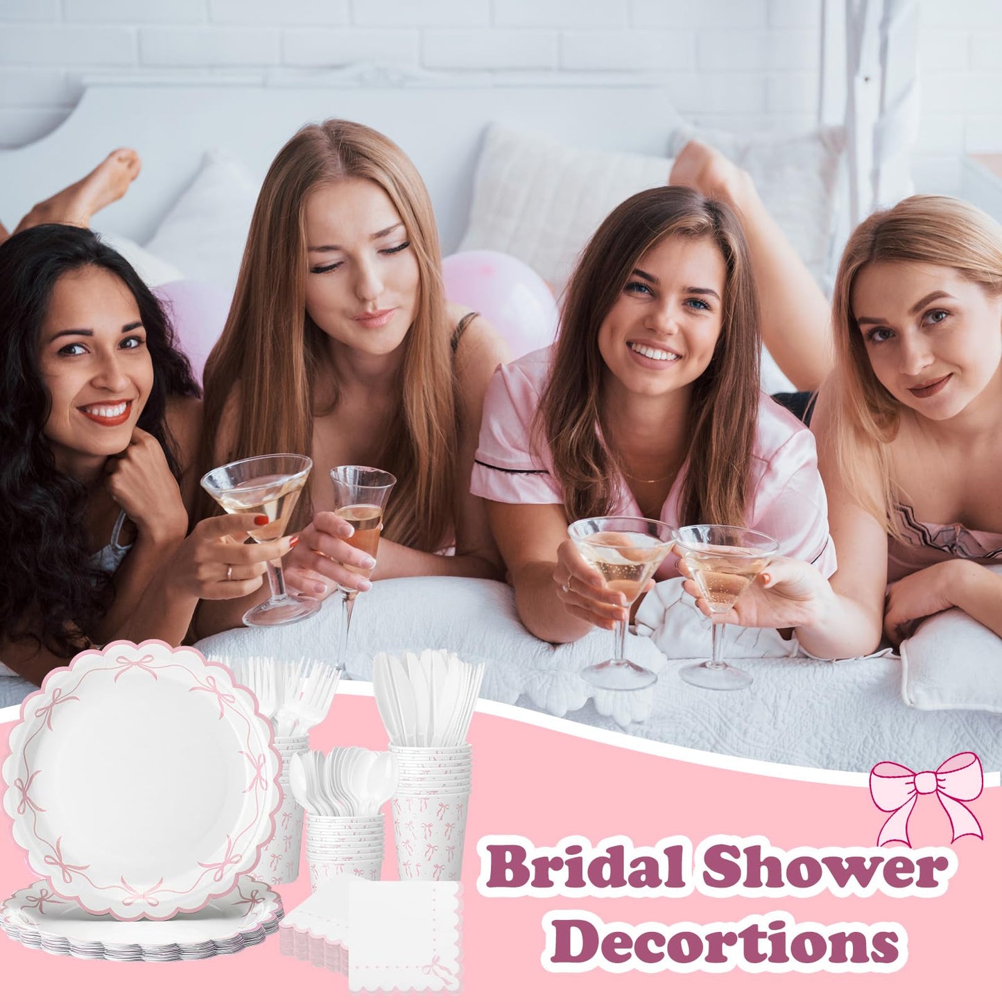 Sieral 144 Pcs Pink Scalloped Bow Party Supplies Coquette Cute Party Supplies Bachelorette Tableware Set Bow Paper Plates Napkins Cups for Girl Boy Baby Shower Wedding Birthday Decoration