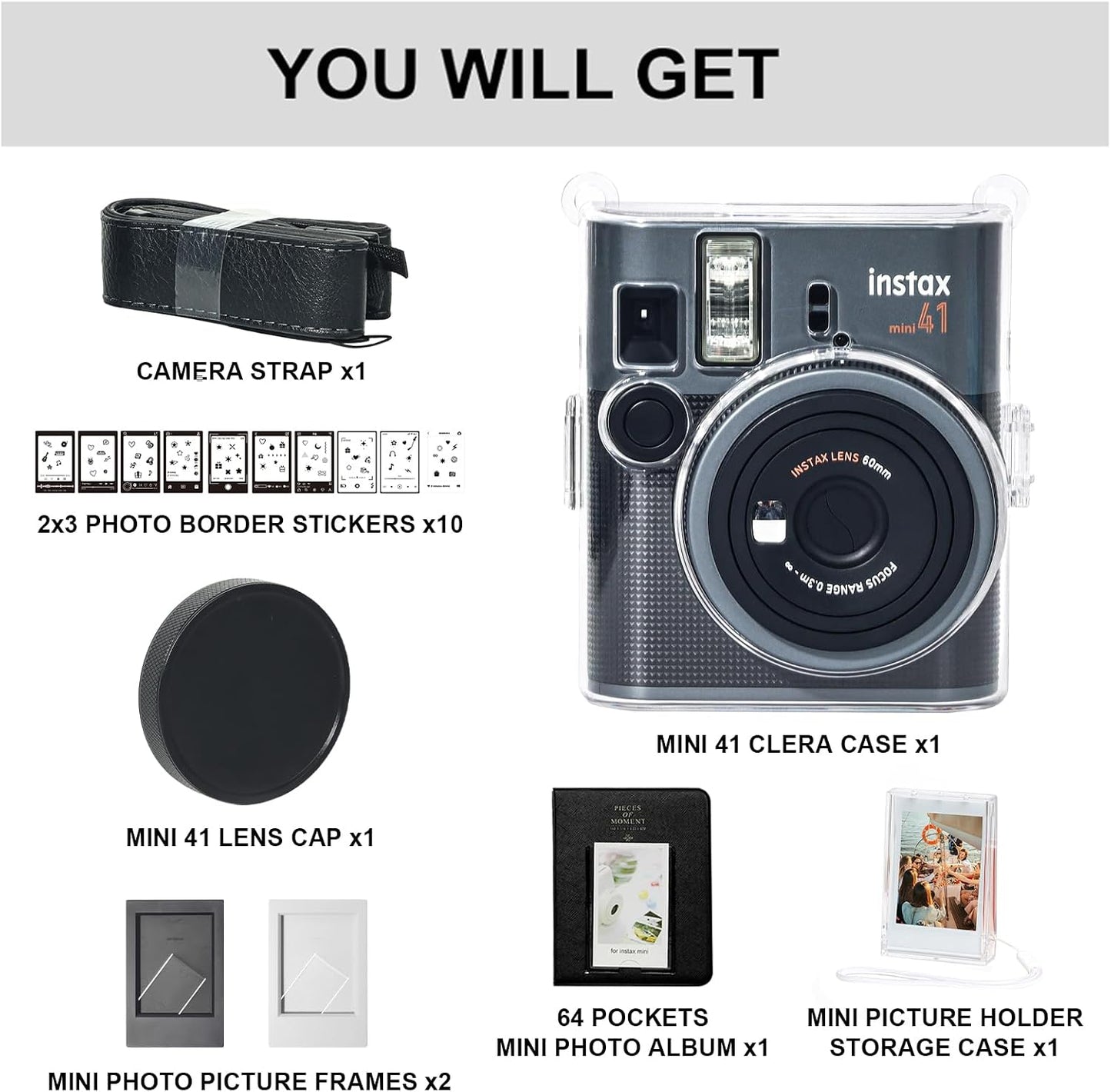 WOGOZAN 41 41 3 Inch 64 Album, 2 10 Mini Clear Case Kit for Fujifilm Instax Mini Instant Camera, Hard PC Clear Case