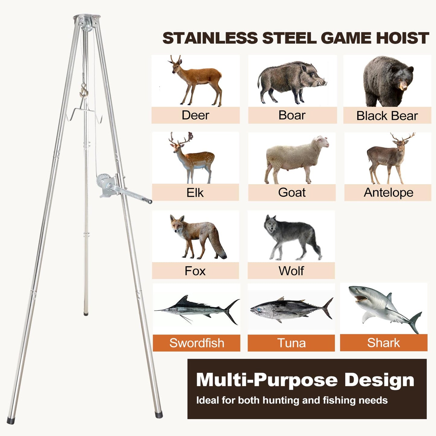 Deer Game Hoist Tripod Hanger Rack with Gambrel and Manual Winch 500 lb Capacity for Hunting, Deer Hanger for Skinning, Heavy Duty Game Hoist for Elk, Bear, Hogs, Goat, Shark, Tuna - Stainless Steel