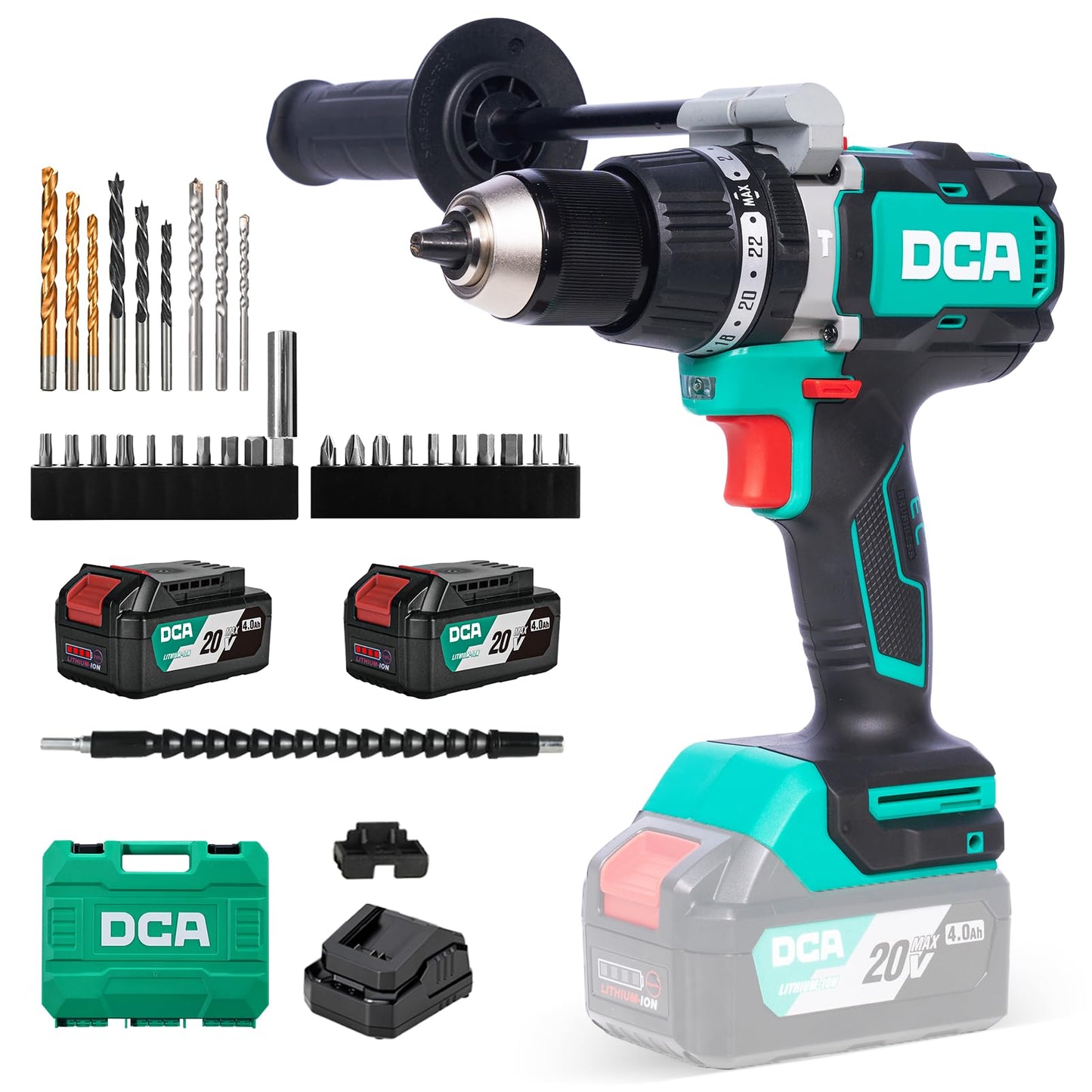 DCA 20V Brushless Hammer Drill, 1062 in.lbs Torque Impact Drill, 1/2" Keyless All-Metal Chuck, 24+1+1 Clutch, 32000 IPM, Heavy-duty Cordless Drill Kit with 2x4.0Ah Battery for Brick Wall, Metal, Wood