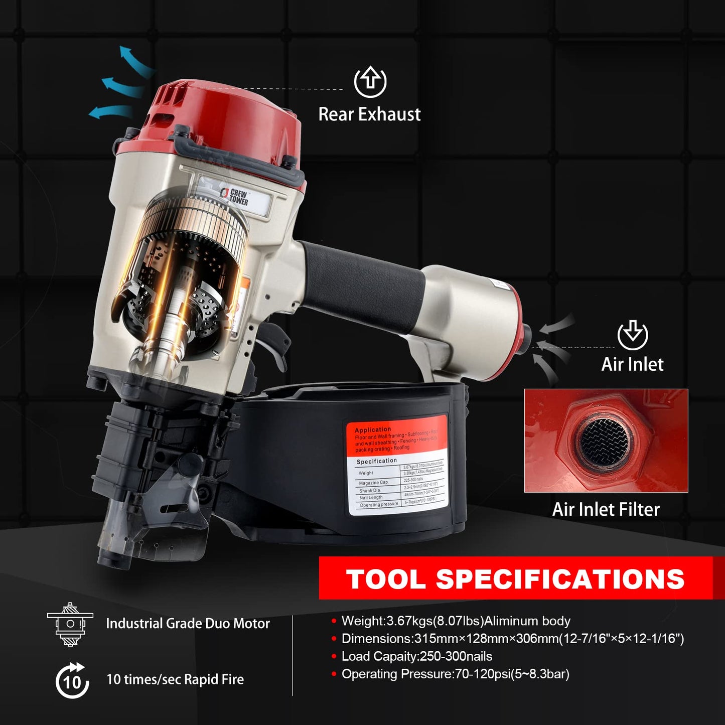 Coil Siding/framing Nailer CN70, 1-3/4-inch to 2-3/4-inch Pneumatic Siding Nail Gun, Air Coil Nailer with Rapid Shooting Engine for Pallet, Crating, Framing, Siding and Fencing
