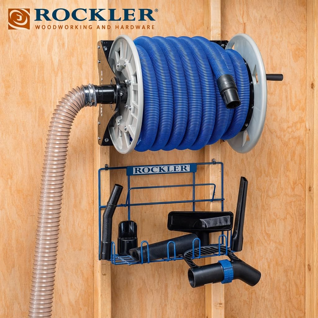 Rockler Shop Vacuum Hose Reel - Holds 40' of 1-1/2'' Vacuum Hose Extension Reel w/Steel Frame - Adjustable Tension Knob, Wall Mount Vacuum Hose Reel - Easy Installation Dust Collector Accessories
