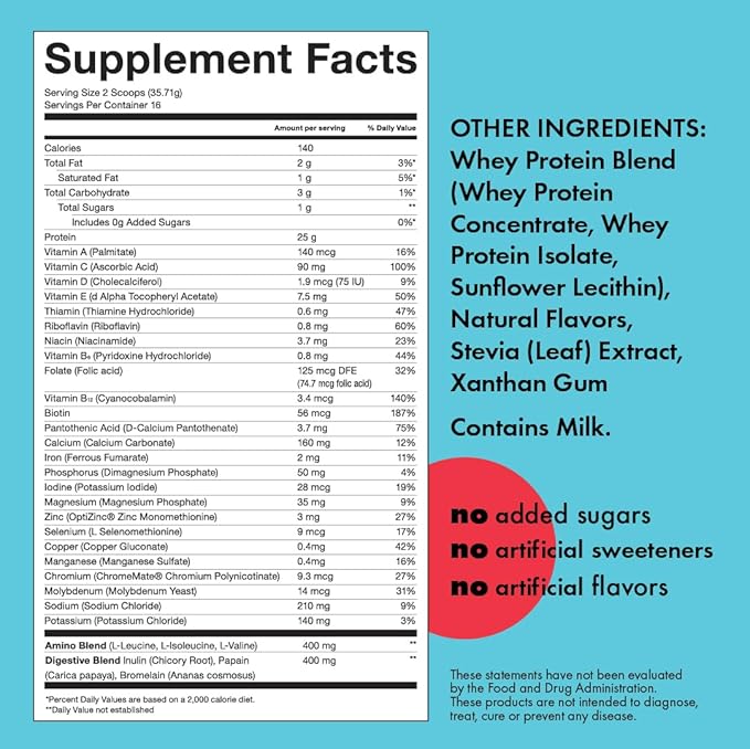 Kick Whey Protein Powder, Vanilla Flavor, 25 G Protein, Gluten Free Workout Supplement With Amino Acids to Support Fitness Goals & Digestive Wellness, No Added Sugar, No Artificial Flavor, 16 Servings