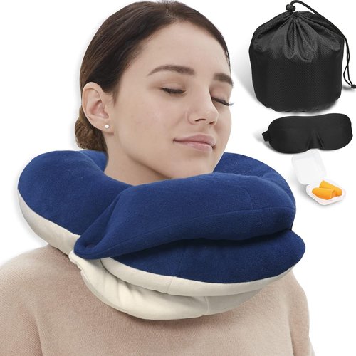 BUYUE Travel Neck Pillow - 360° Head Support for Comfortable Long Flights | Skin-Friendly, Navy, Adult Set with Eye Mask & Earplugs