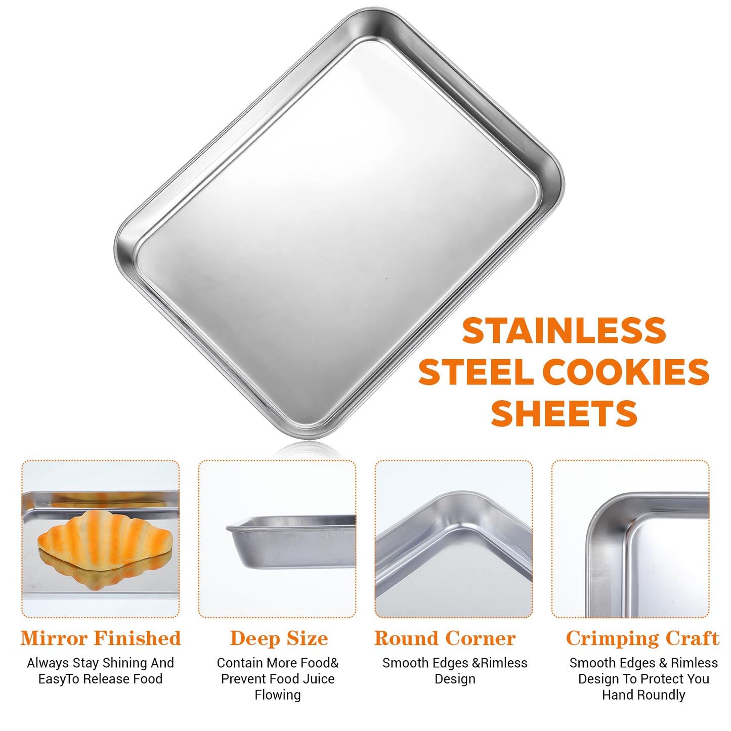Afcabakila 6Pcs Stainless Steel Baking Sheet Pan Set, 9”x6.7” Small Cookie Oven Trays Cooking Bakery Cake Bun Pan Easy Clean Warp Resistant & Heavy Duty for Toaster Oven, Nonstick, Dishwasher Safe