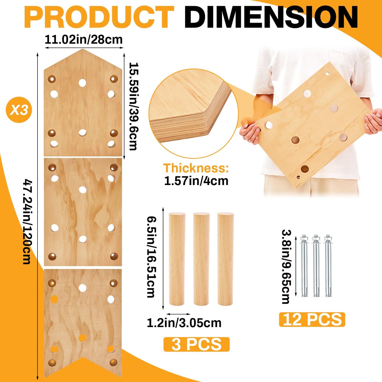 AceOrbit Climbing Pegboard 12‘'x48‘' Rock Climbing Board with Dowel Pegs 23 Holes Wall Mounted Ladder Fitness Cross Training for Rock Climbings Gift, Christmas Birthday Present for Climber (Irregular)