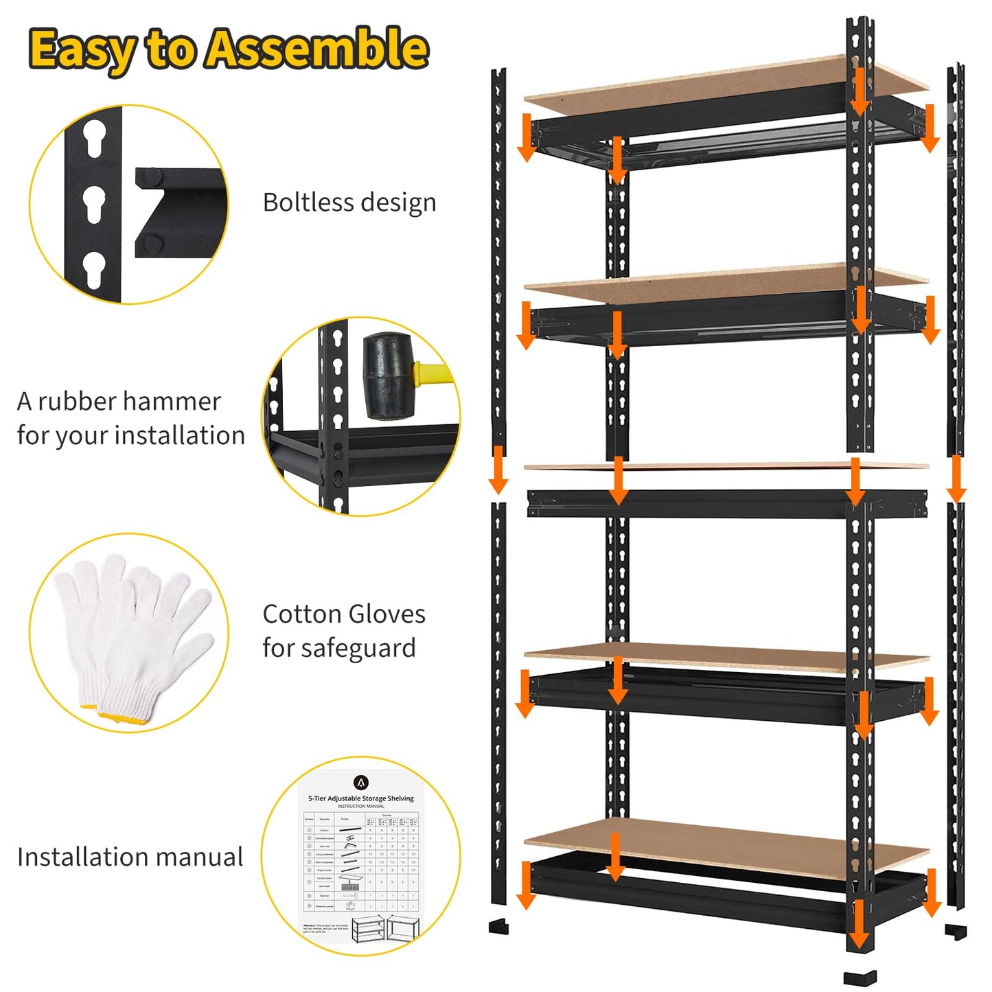 MilleLoom 48 in l x 18 in w x 72 in h 5-Tier Heavy Duty Storage Shelving Unit, 2500 LBS Capacity, Adjustable Metal Rack for Garage, Kitchen Pantry, Basement Organization