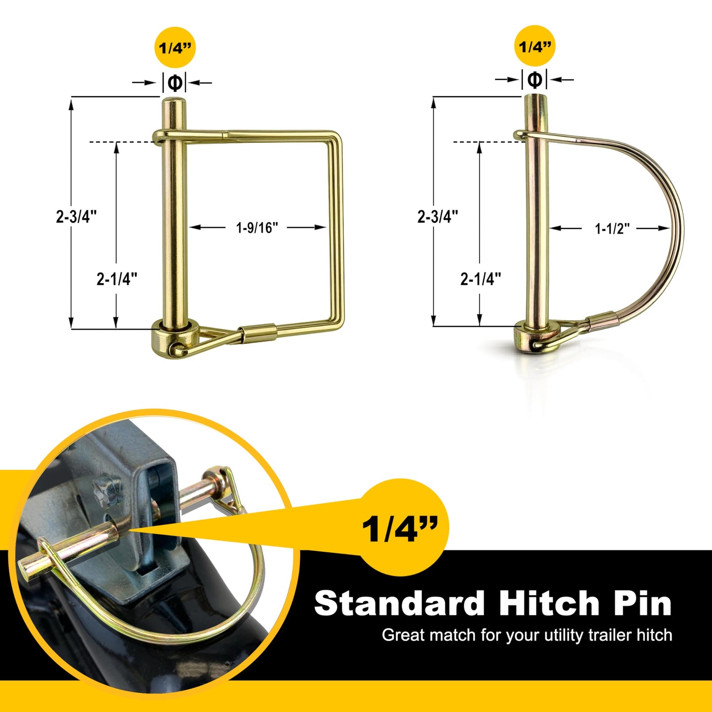 Wellmax 12-Pack Trailer Hitch Pin Assortment, 1/4" and 5/16" Diameter, Square and Arch Wire Lock Pins, Zinc-Plated Carbon Steel Safety Pins for PTO, Farm, Mower, and Boat Trailer Couplers, Gold