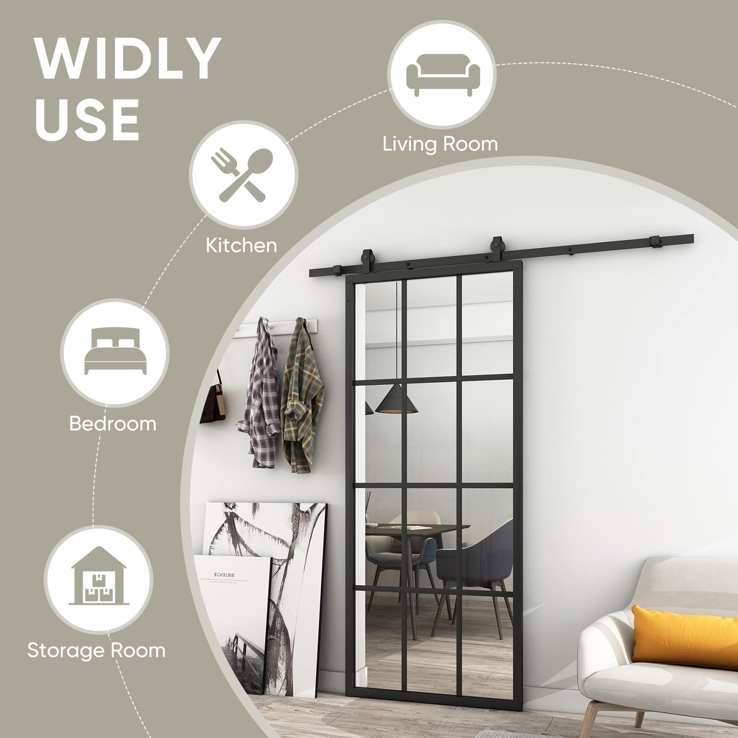 JUBEST 42in x 84in DIY Glass Sliding Barn Door, Sturdy 4-Lite Clear Tempered Glass Aluminum Frame Sliding Door Panel Without Hardware Kit, Easy Assembly