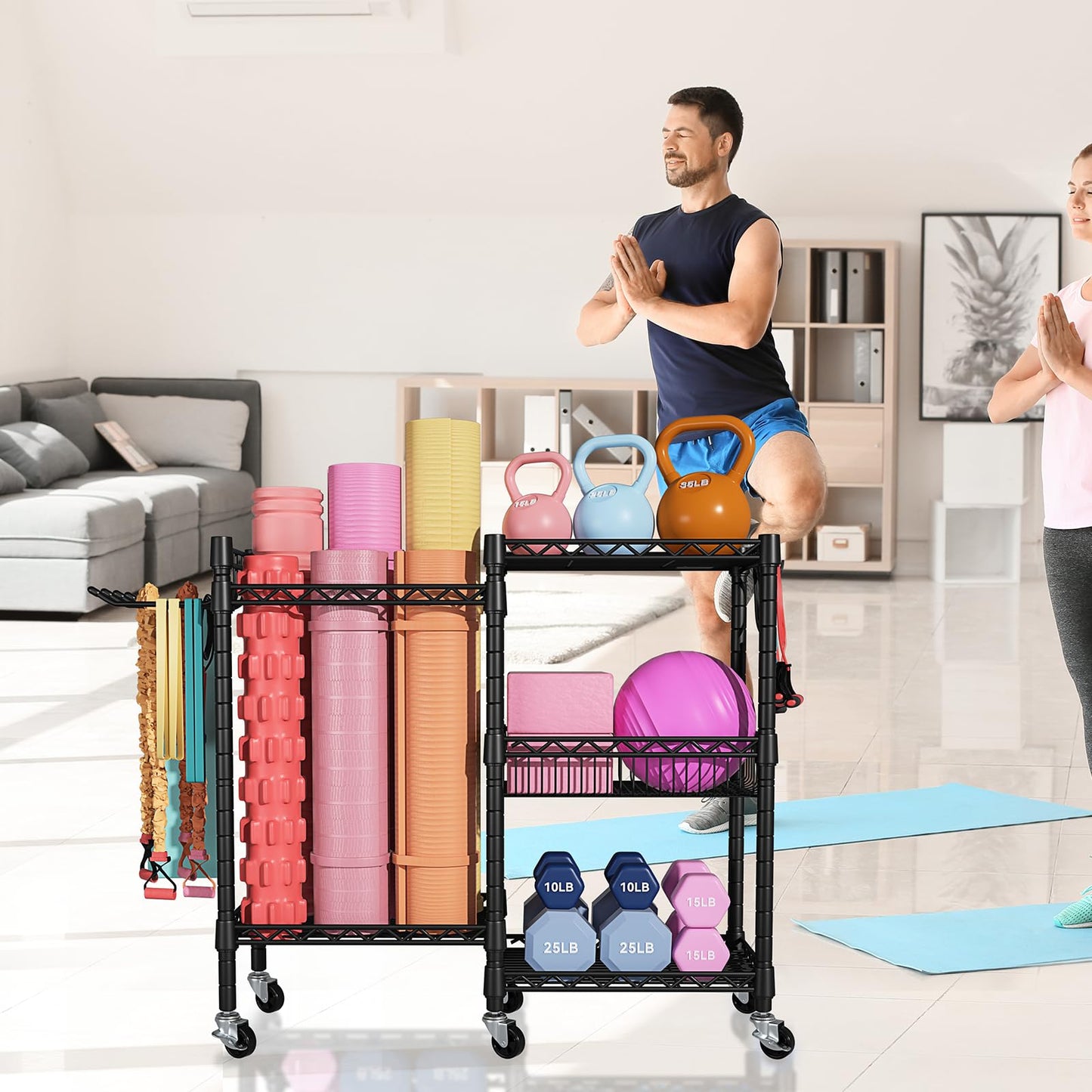 FUTASSI S2 Home Gym Storage, Rolling Yoga Mat Storage and Organizer, Sport Equipment Rack for Dumbbells, Kettlebells, Foam Rollers, Resistance Bands, 11.8" D x 36" W x 32.5" H, Black