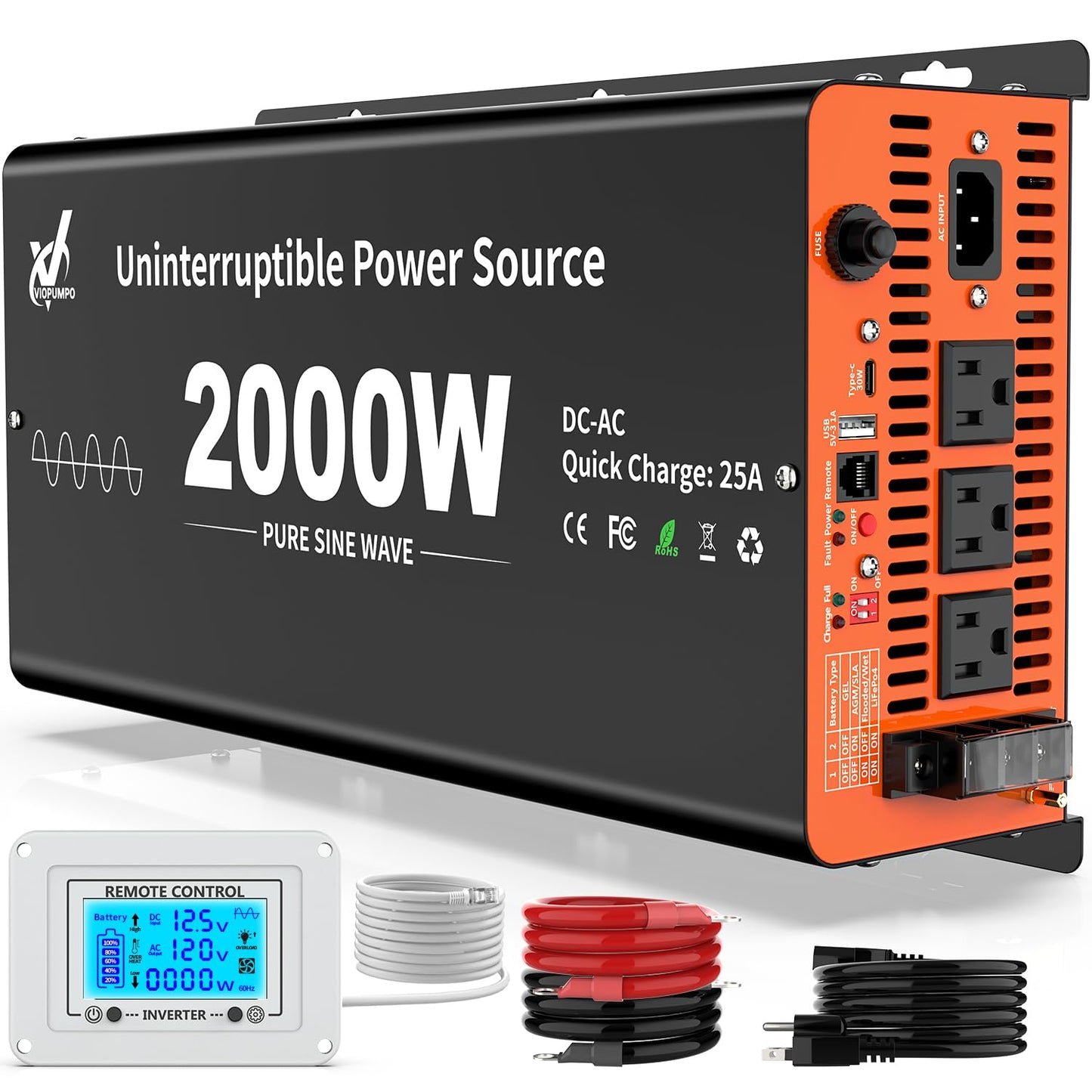 2000 Watt Sump Pump Battery Backup System, Pure Sine Wave Output, Professional Backup System in The Event of a Power Outage, Remote Controller with LCD Screen, Automatic Grid and Battery Switchover