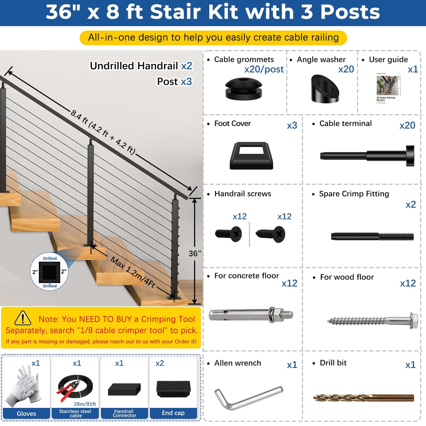 Zylorix 4ft-8ft Complete Set 36" Cable Railing System 33° Drilled with Cuttable Handrail, Modular Black T304 Stainless Steel Angled Stair Cable Railing Posts Kit for 28-38° Wood Concrete Stair