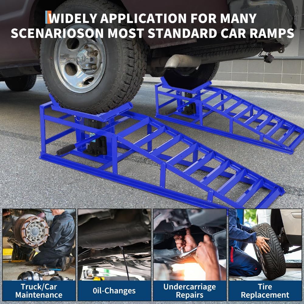 5 Ton Hydraulic Car Ramps, 2 Pack Heavy Duty Adjustable Lift Ramps with Safety Lock, Low Profile Steel Service Ramp, 11000 Lbs Capacity, 11.6"–16.2" Height for Car, Truck, SUV, Garage - Blue