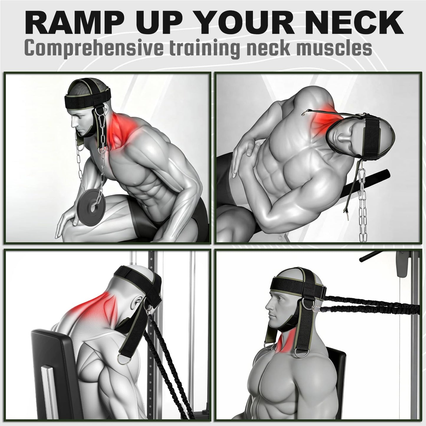 Neck Harness for Weight Lifting, Soft Padded Neck Exerciser Trainer Strap with Heavy Duty Steel Chain, Adjustable Head Chin Muscle Strengthener to Support Injury Recovery and Intense Workouts